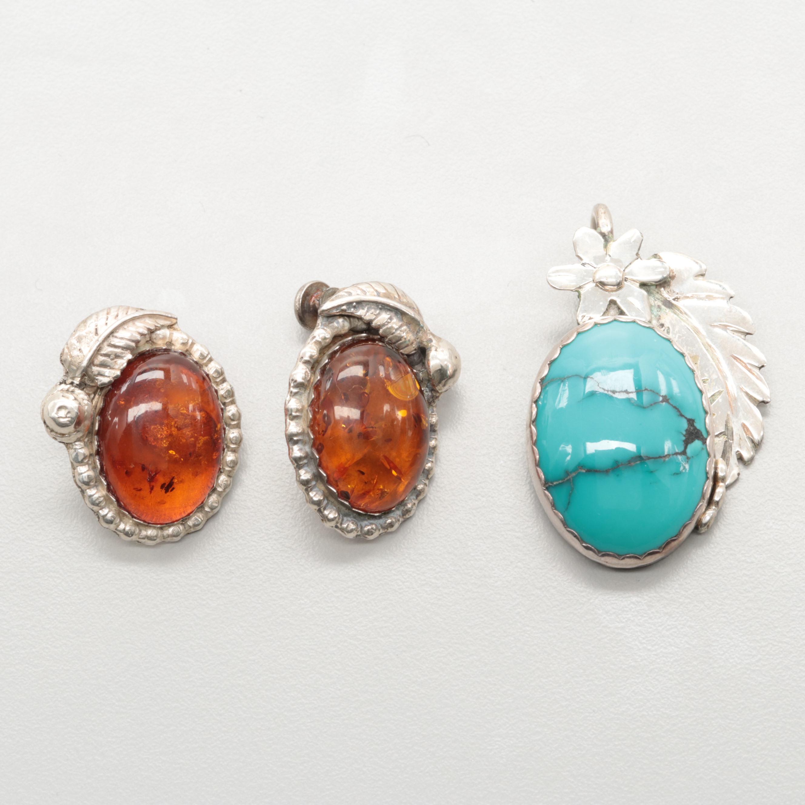 Bill Kirkham Sterling Silver Turquoise Pendant and Amber Earrings