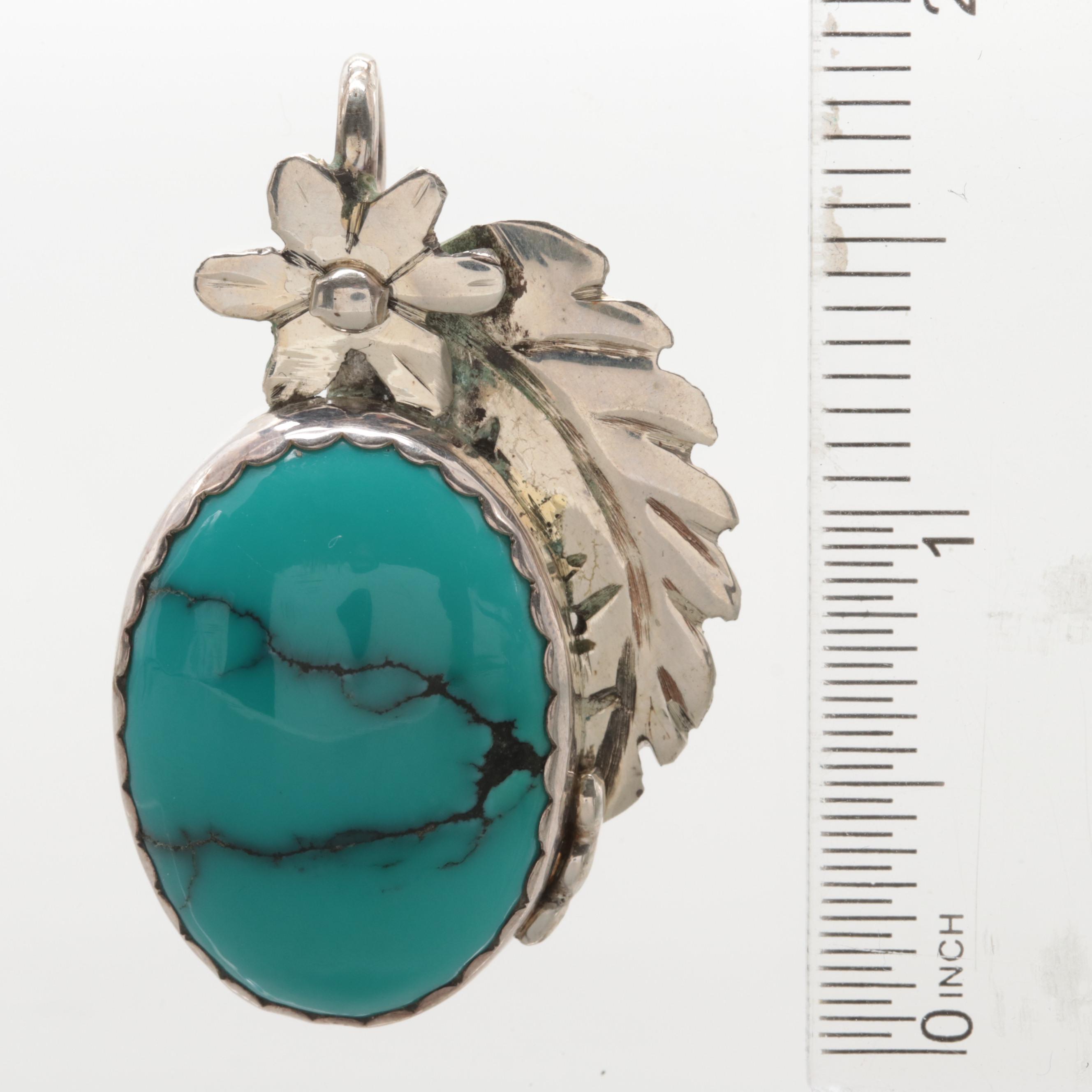 Bill Kirkham Sterling Silver Turquoise Pendant and Amber Earrings