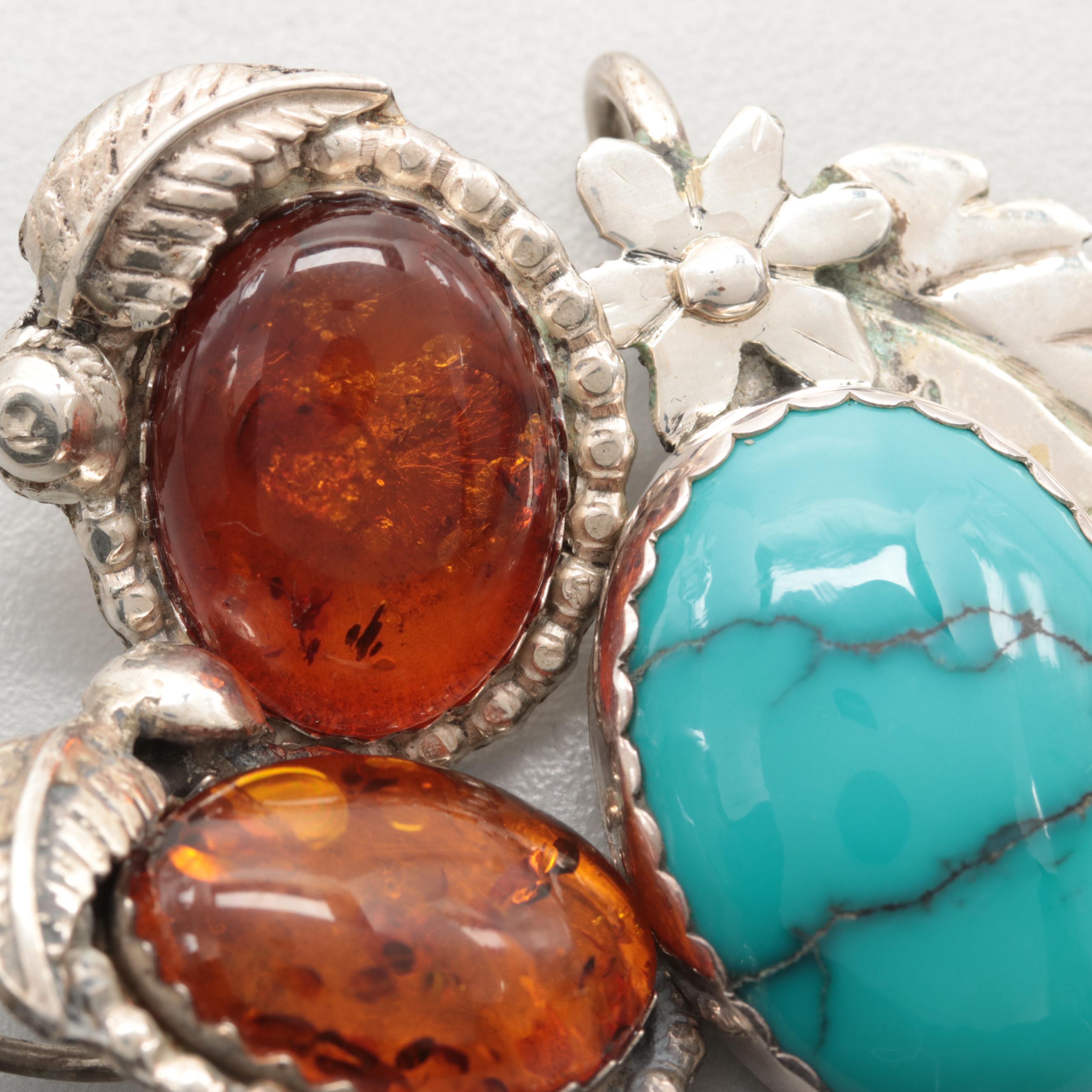 Bill Kirkham Sterling Silver Turquoise Pendant and Amber Earrings