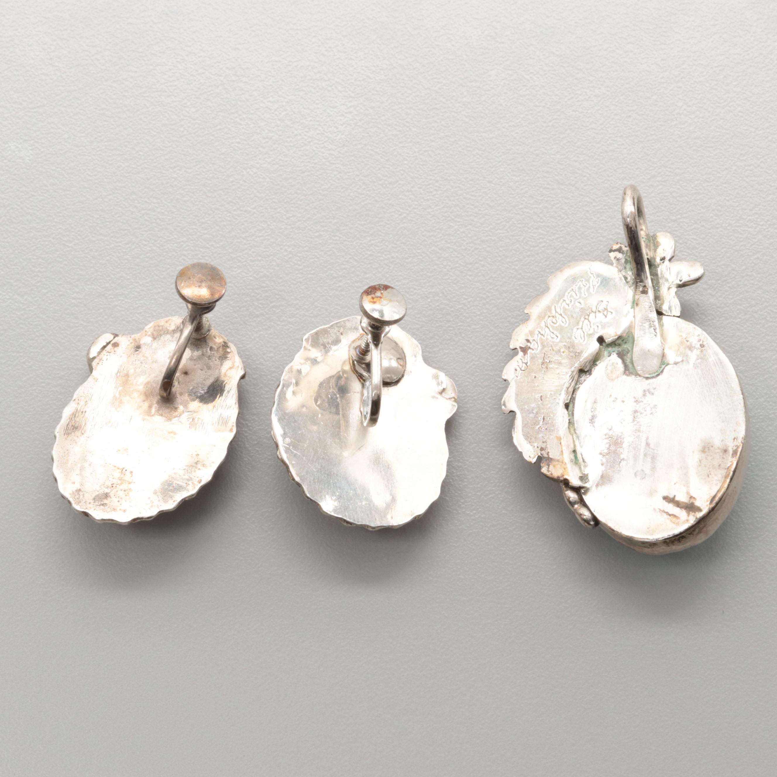 Bill Kirkham Sterling Silver Turquoise Pendant and Amber Earrings