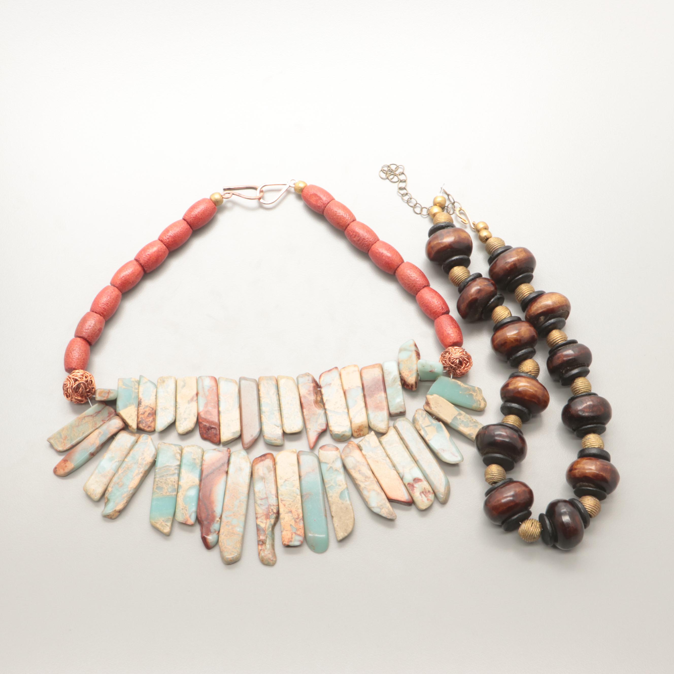 Gold Tone Jasper, Wood, and Resin Coated Dyed Coral Necklaces