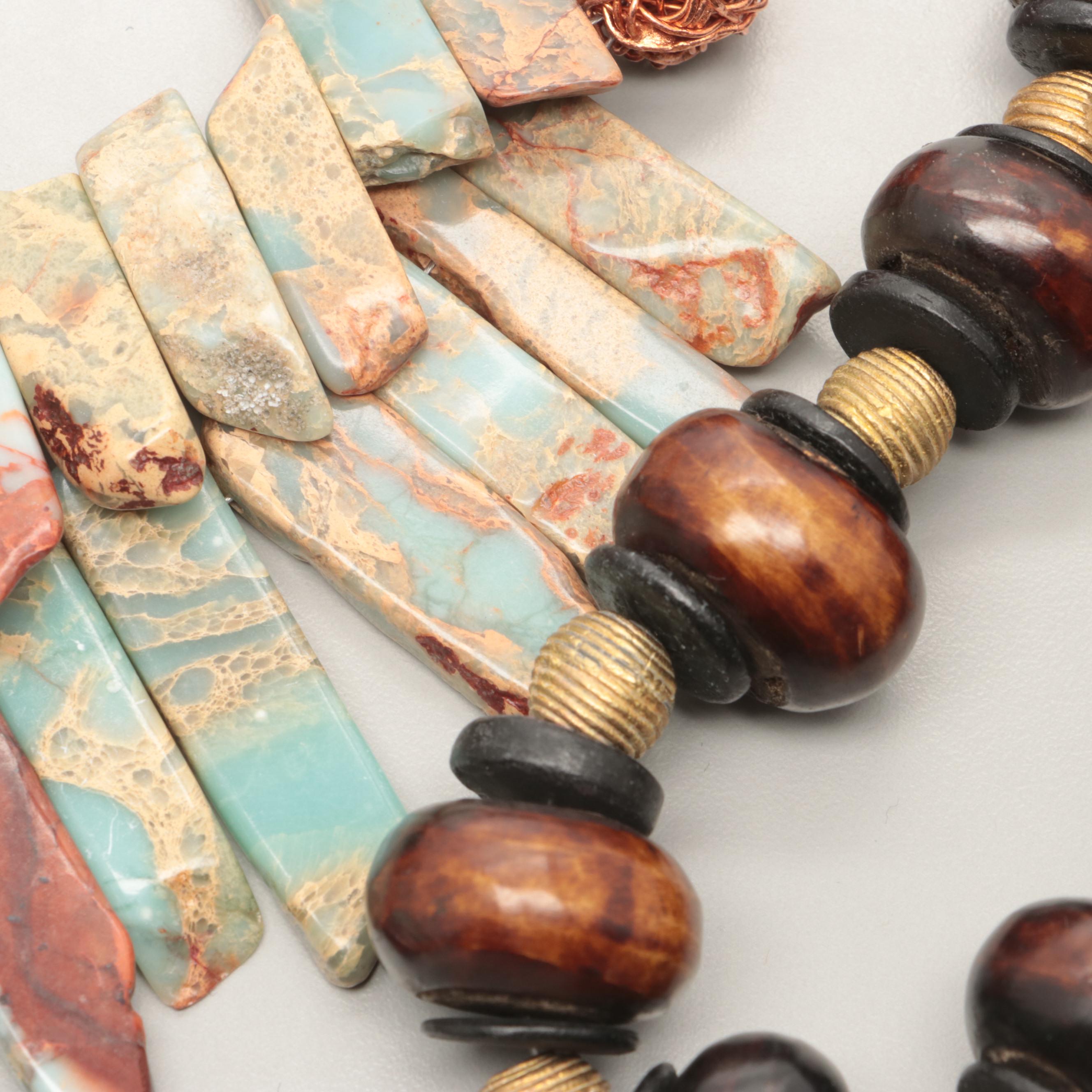 Gold Tone Jasper, Wood, and Resin Coated Dyed Coral Necklaces