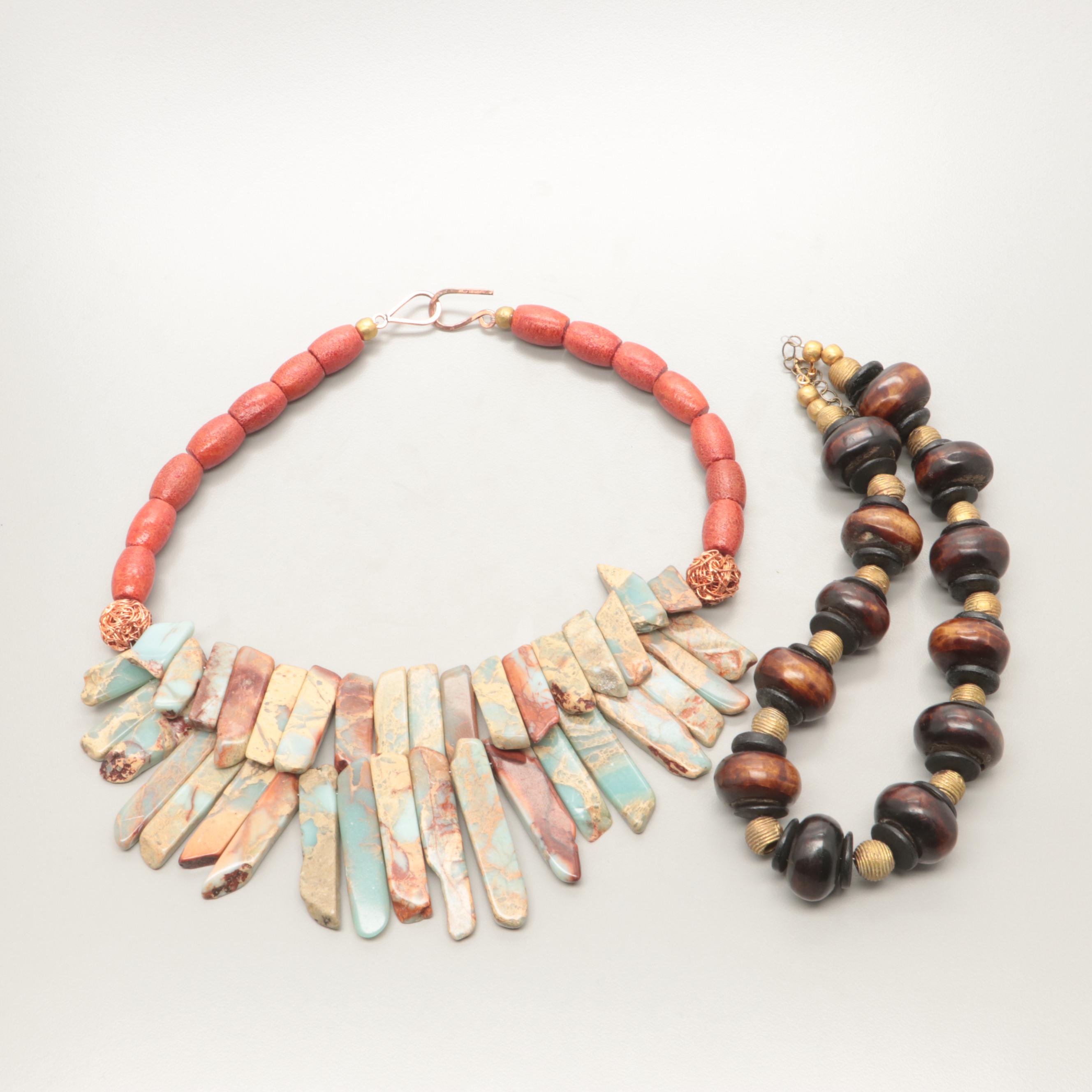 Gold Tone Jasper, Wood, and Resin Coated Dyed Coral Necklaces