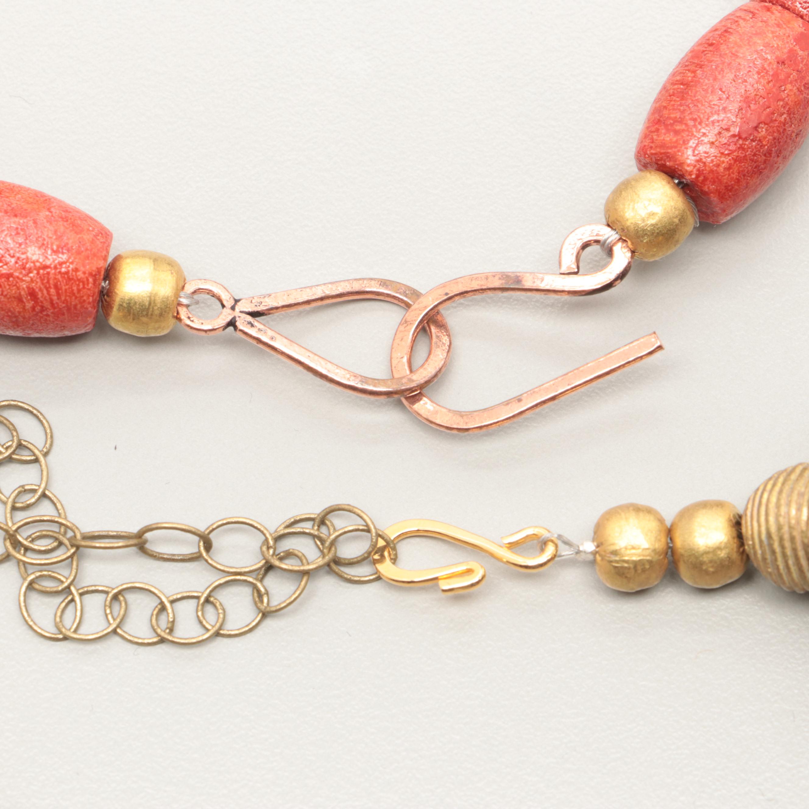Gold Tone Jasper, Wood, and Resin Coated Dyed Coral Necklaces