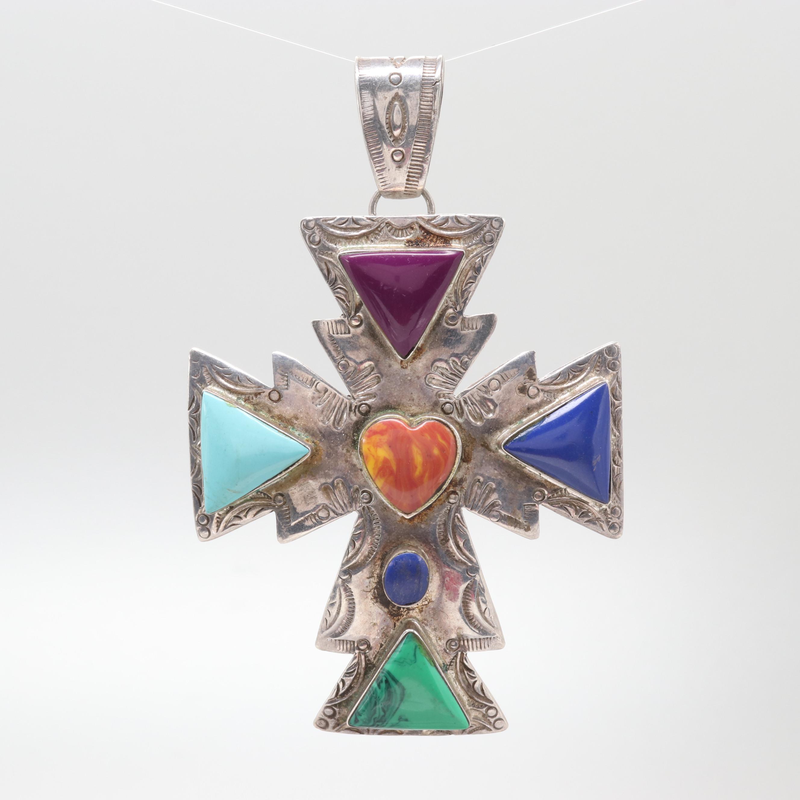Southwestern Style Sterling Lapis Lazuli and Imitation Stone Cross Pendant