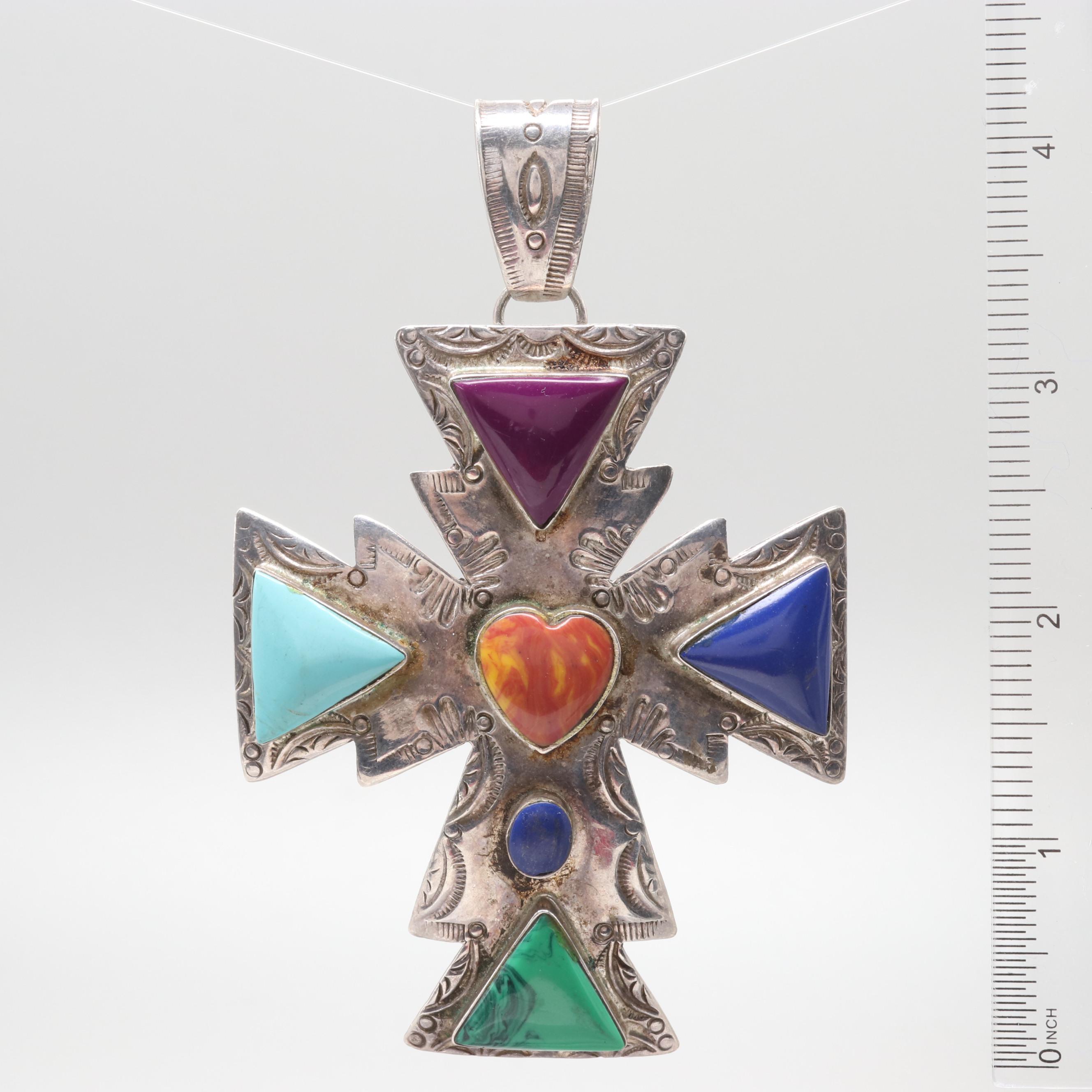 Southwestern Style Sterling Lapis Lazuli and Imitation Stone Cross Pendant