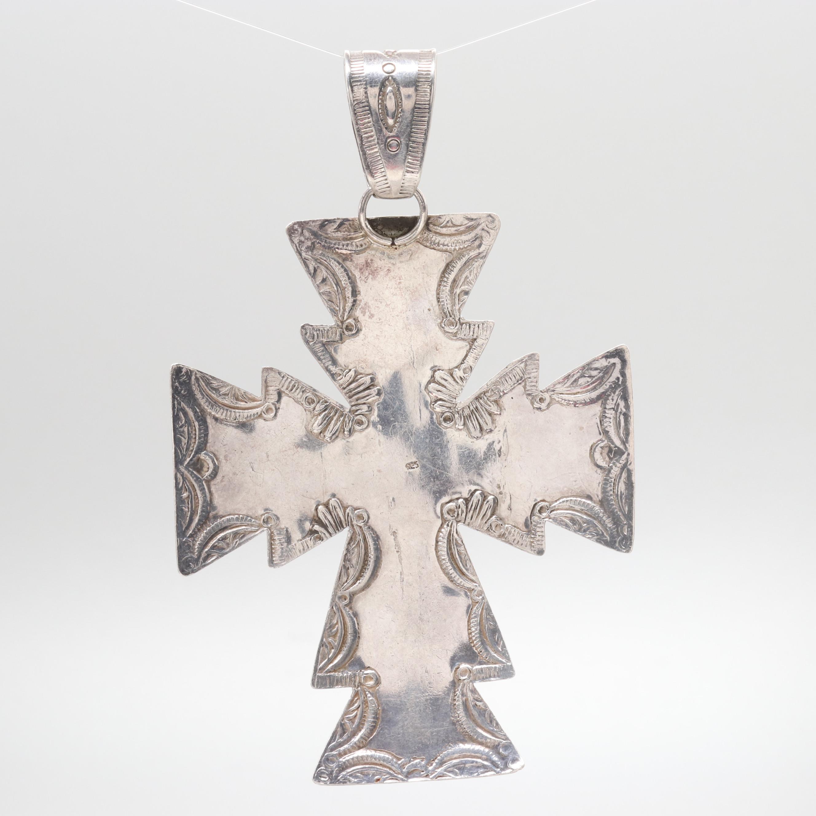 Southwestern Style Sterling Lapis Lazuli and Imitation Stone Cross Pendant