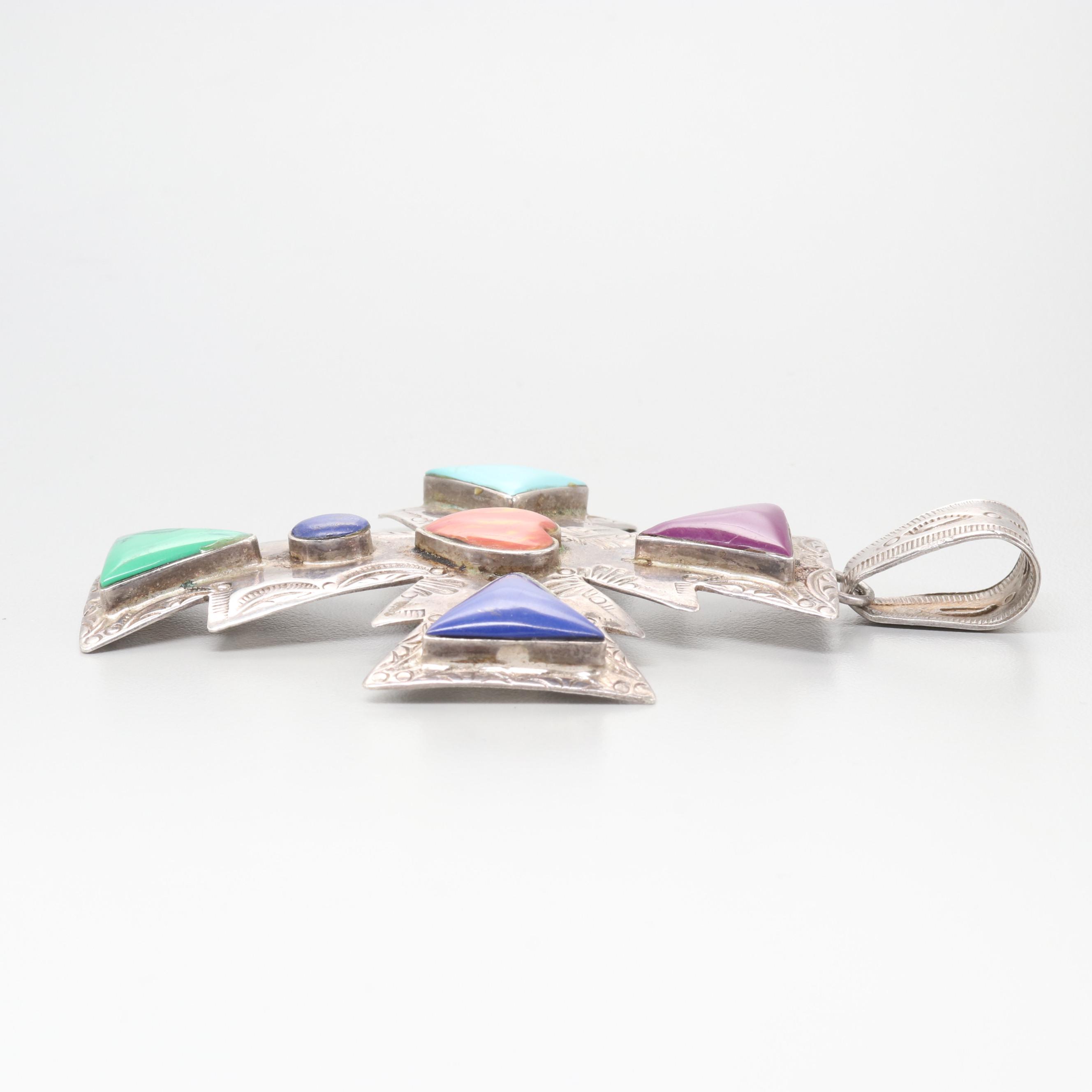 Southwestern Style Sterling Lapis Lazuli and Imitation Stone Cross Pendant