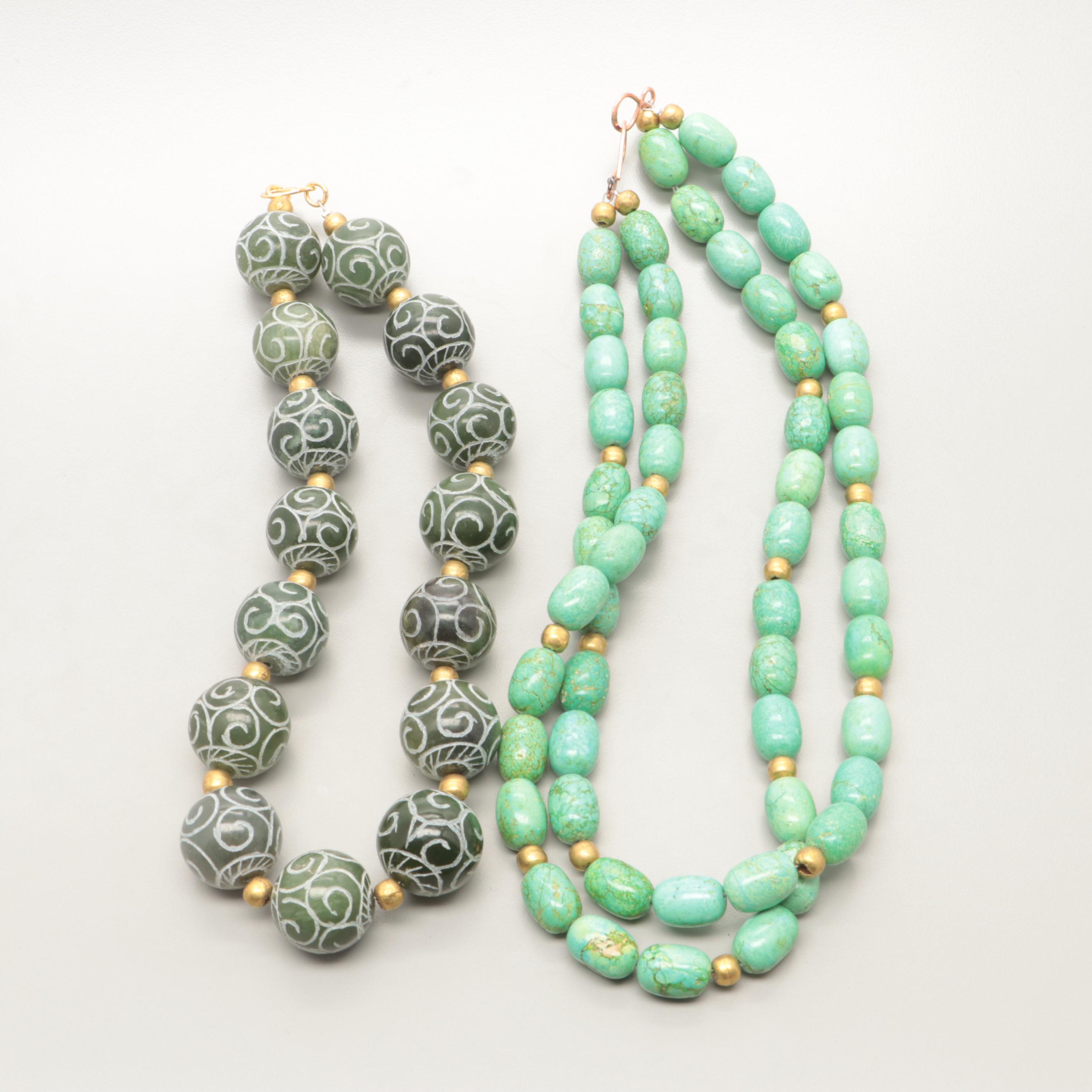 Designed Dyed Magnesite and Calcite Barrel Bead Necklaces
