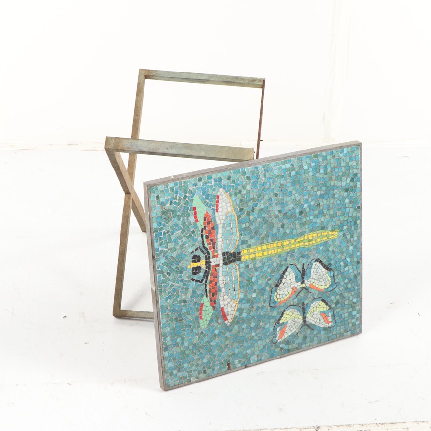 Dragonfly and Butterfly Mosaic Top X-Frame Base Side Table