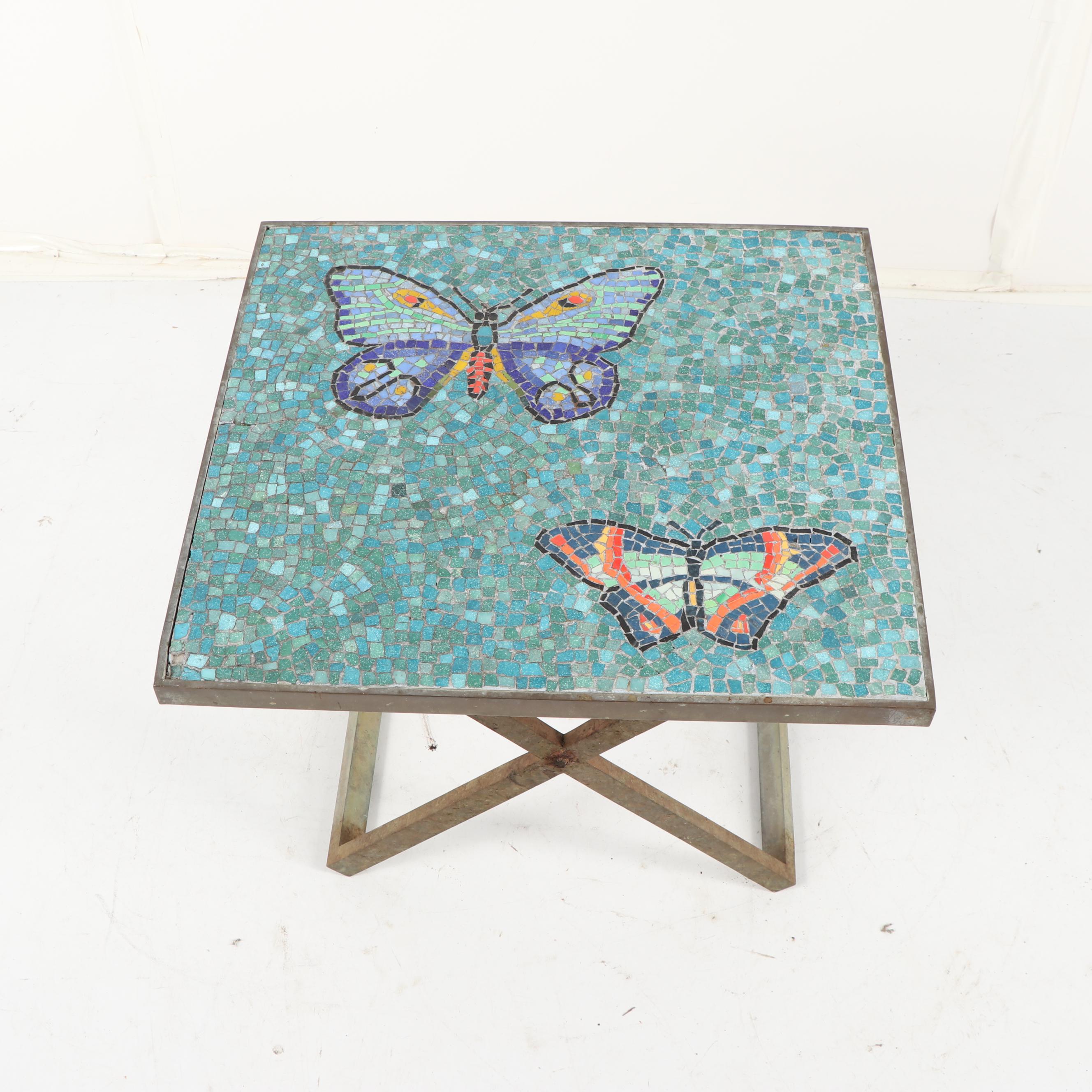 Butterfly Mosaic Top X-Frame Base Side Table