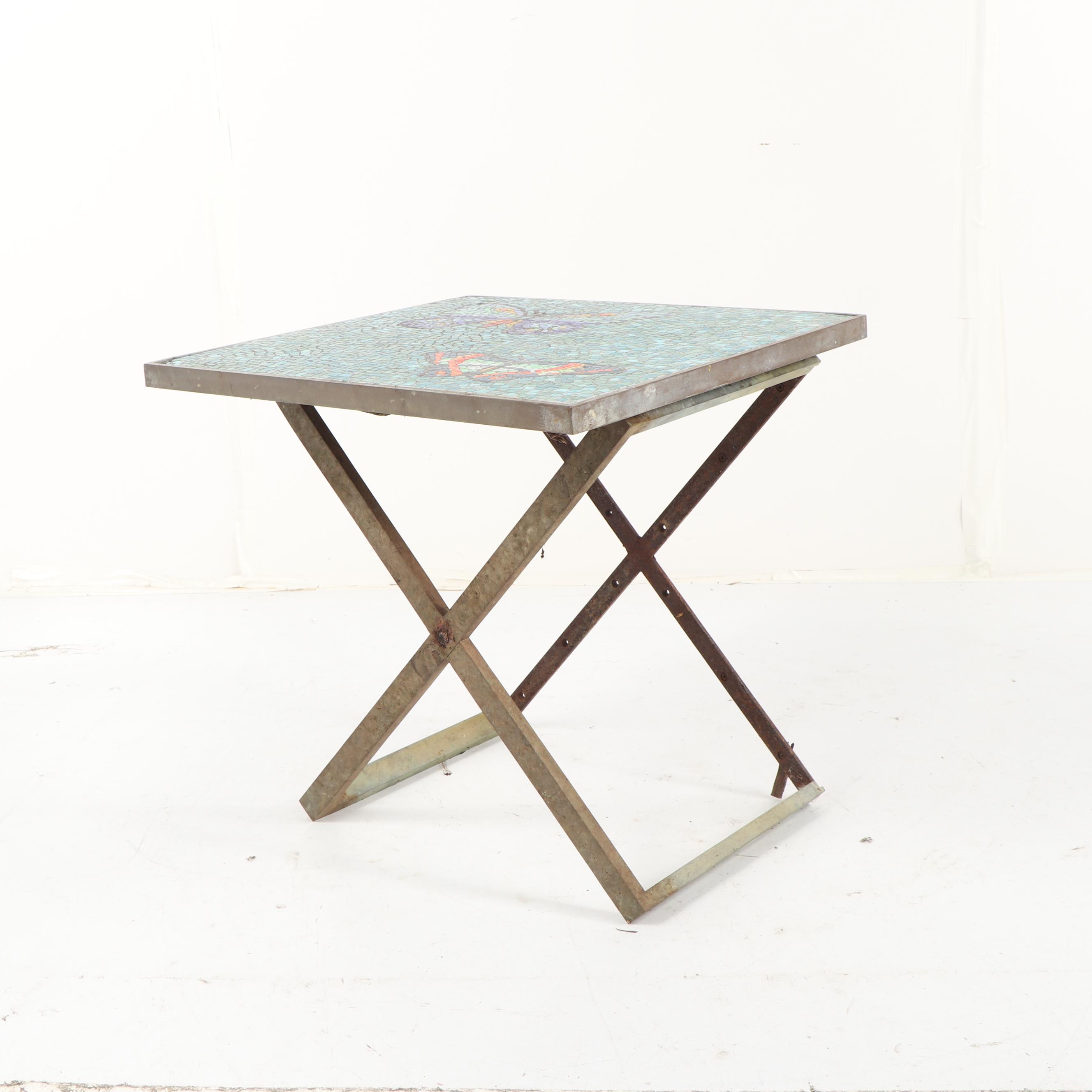 Butterfly Mosaic Top X-Frame Base Side Table