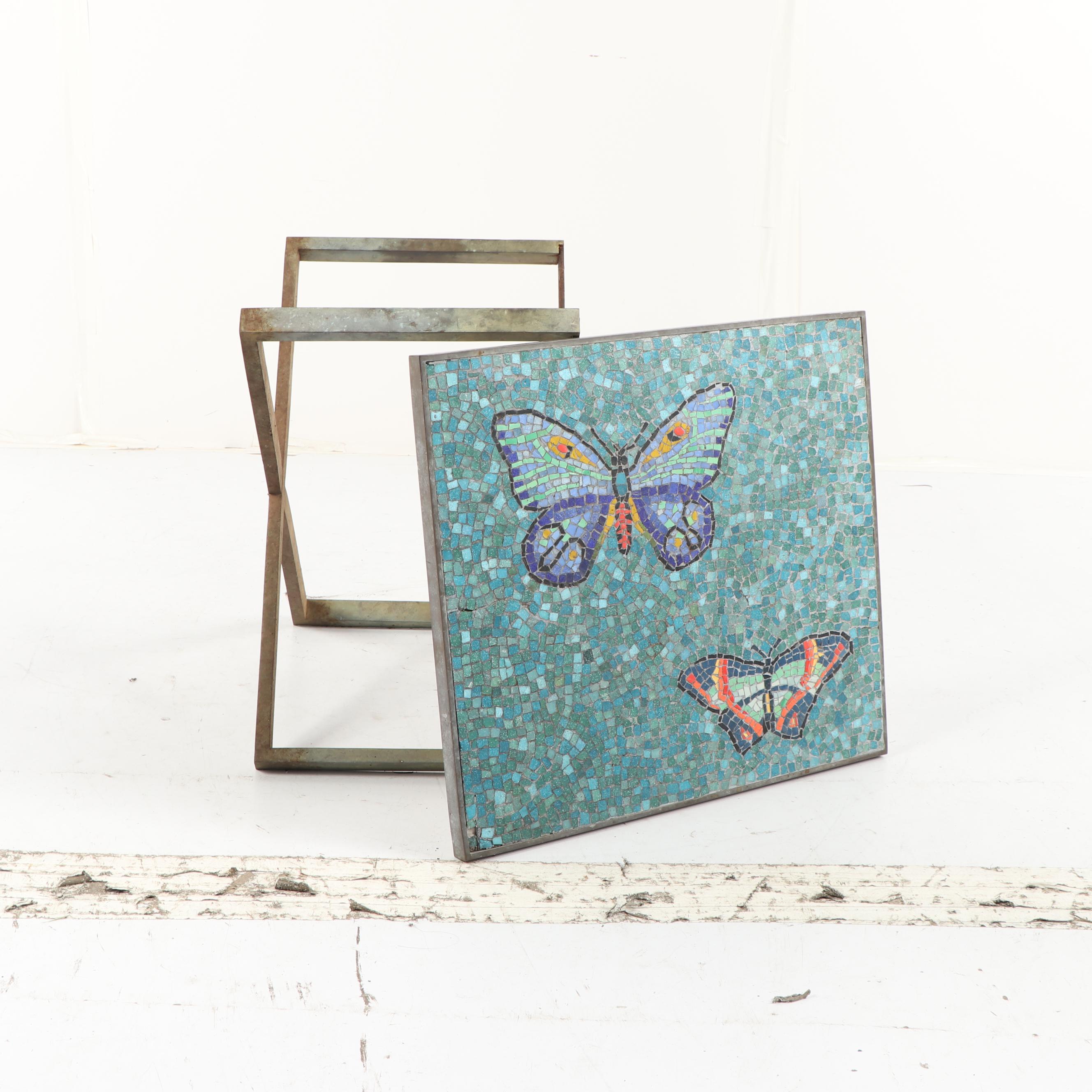 Butterfly Mosaic Top X-Frame Base Side Table