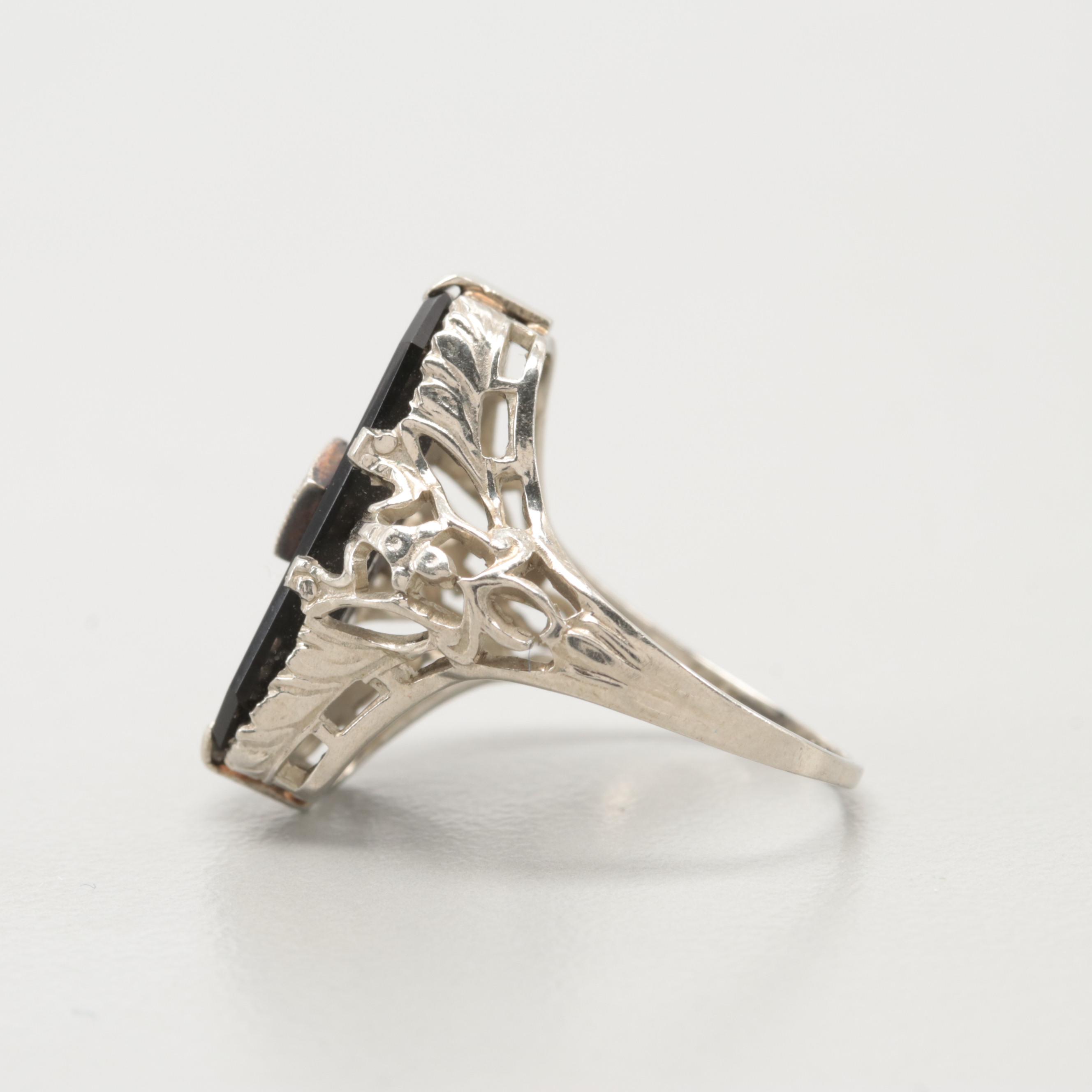 Edwardian 10K White Gold Diamond and Black Onyx Ring
