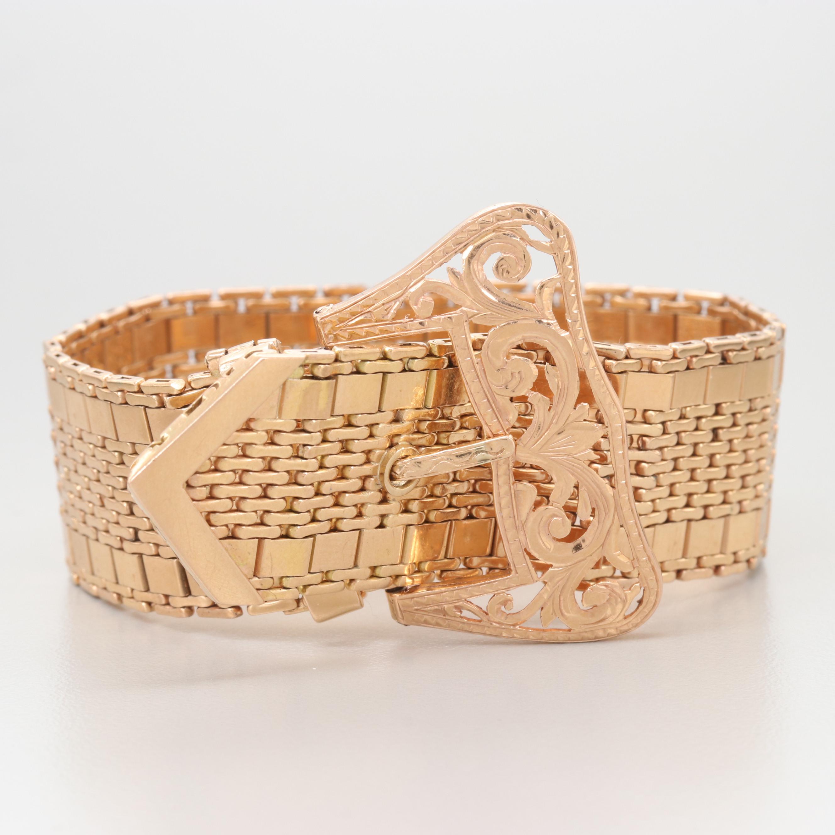 Vintage 14K Yellow Gold Articulated Jarretiére Bracelet with Buckle Fastener