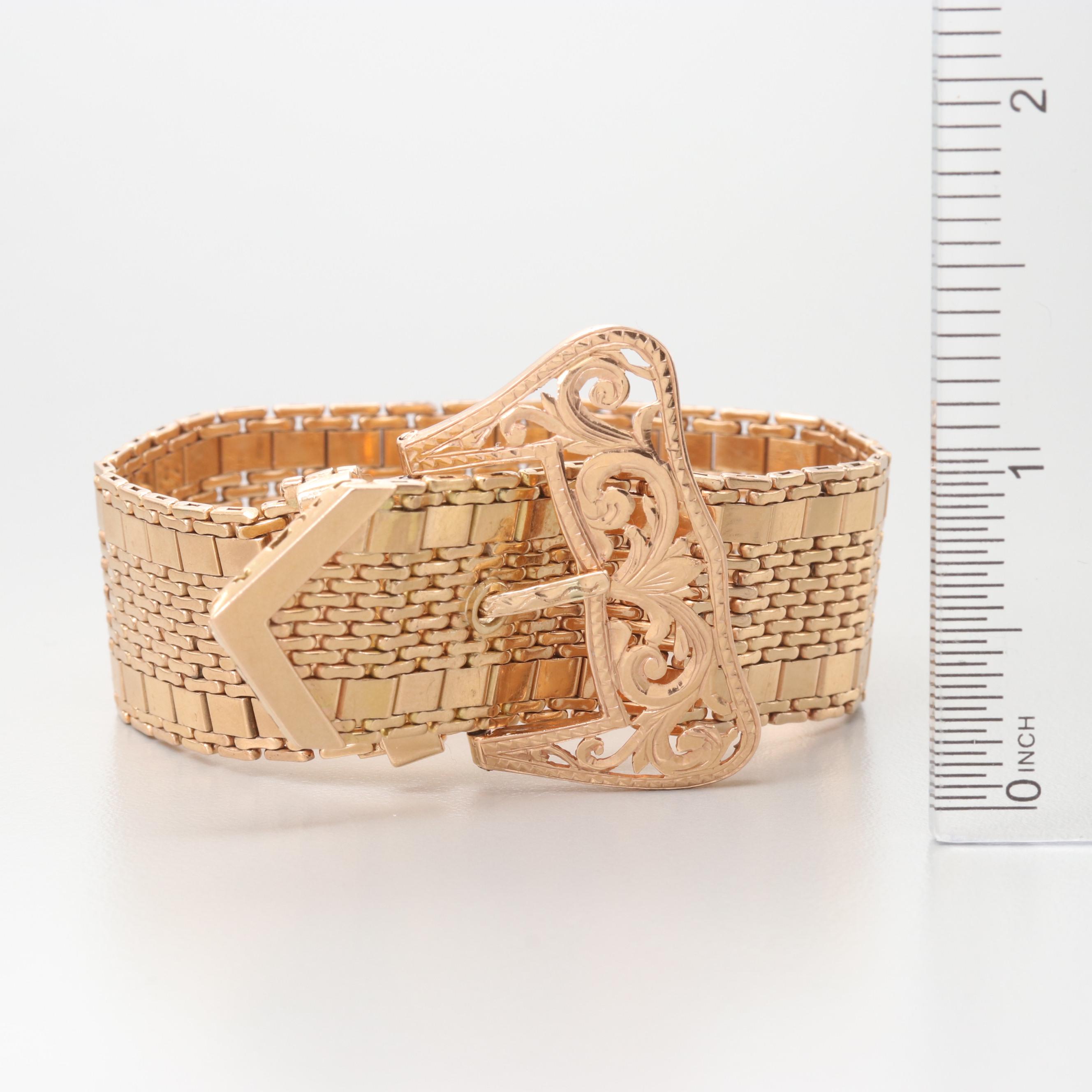 Vintage 14K Yellow Gold Articulated Jarretiére Bracelet with Buckle Fastener