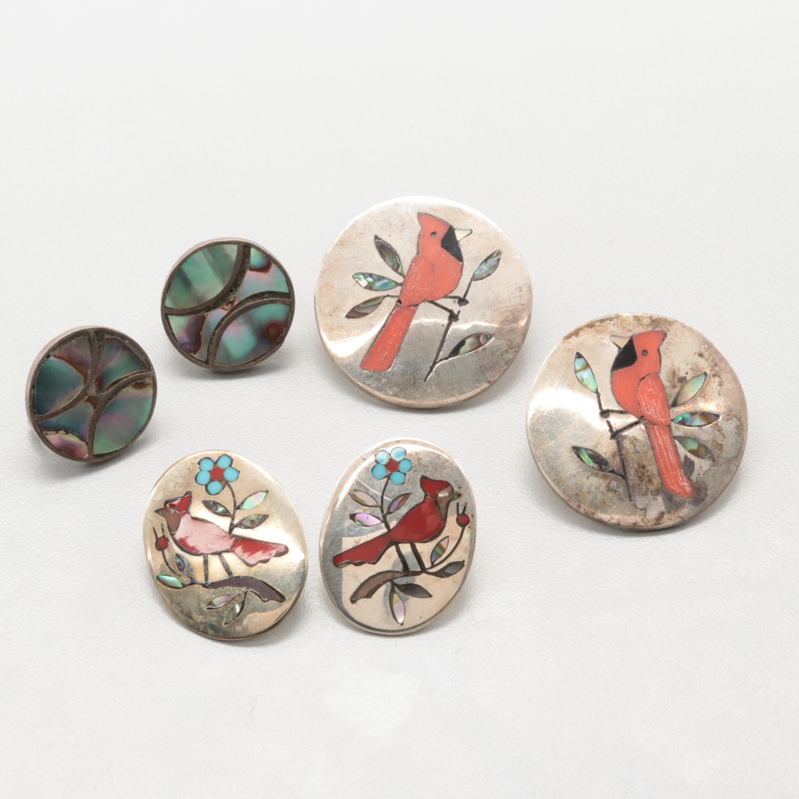 Southwestern Style Sterling Silver Abalone and Coral Earring Assortment