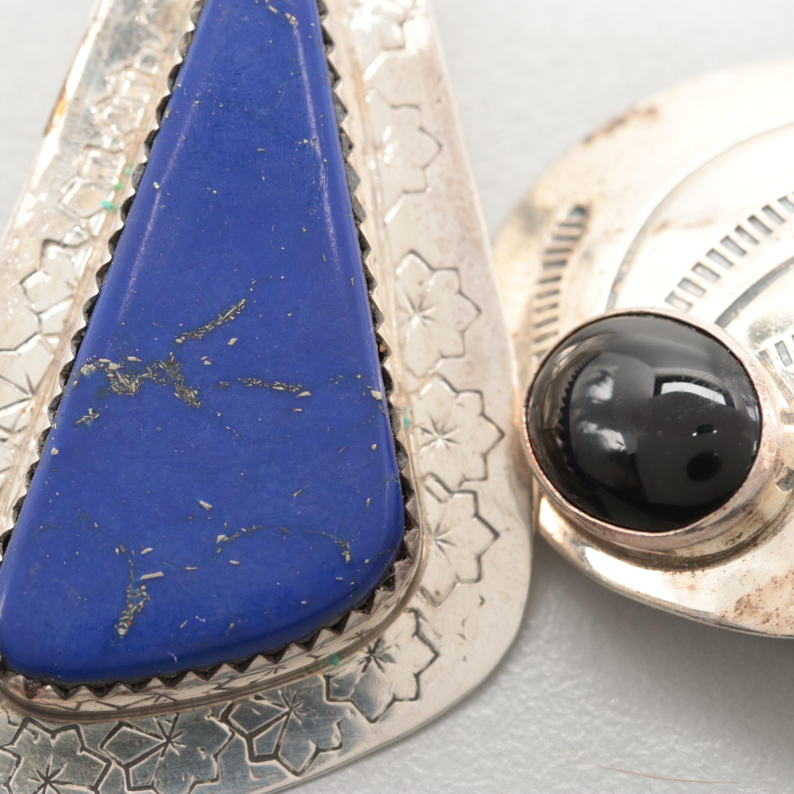 Southwest Sterling Silver Black Onyx and Imitation Lapis Lazuli Earrings