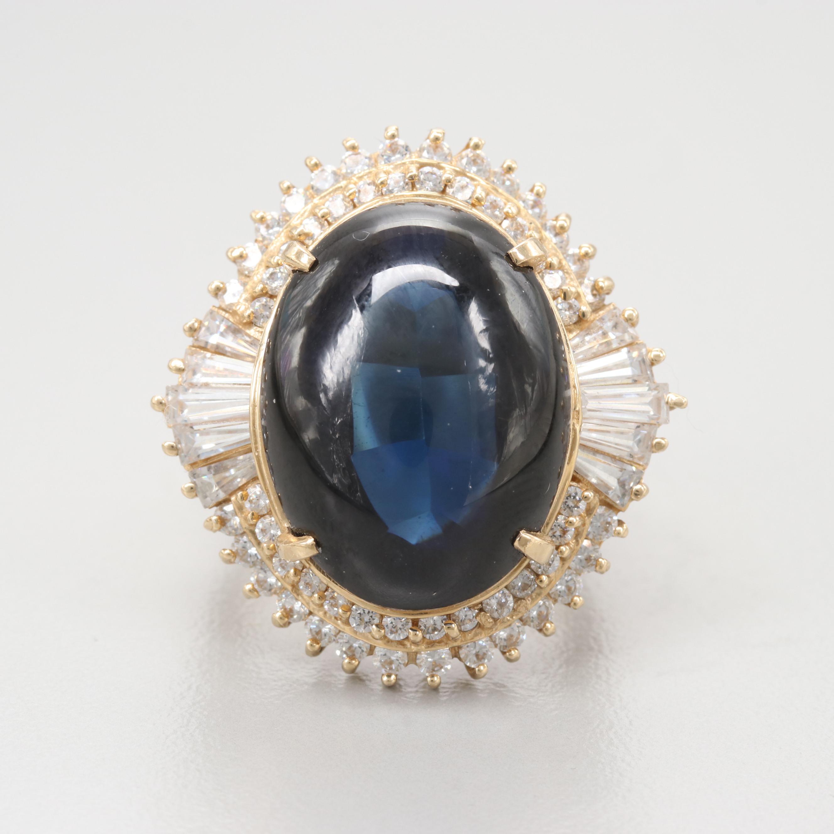 14K Yellow Gold Synthetic Sapphire and Cubic Zirconia Ring