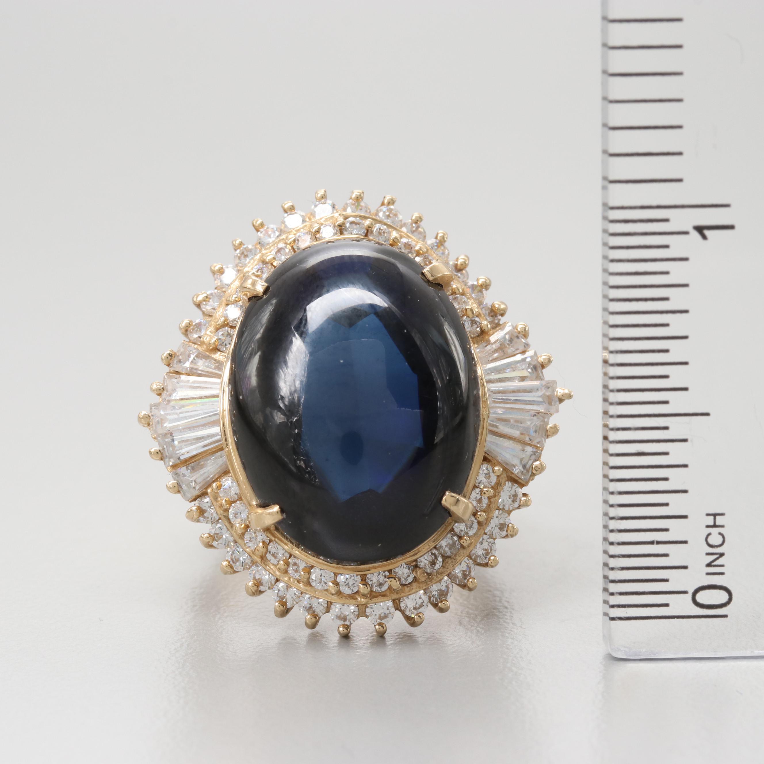 14K Yellow Gold Synthetic Sapphire and Cubic Zirconia Ring