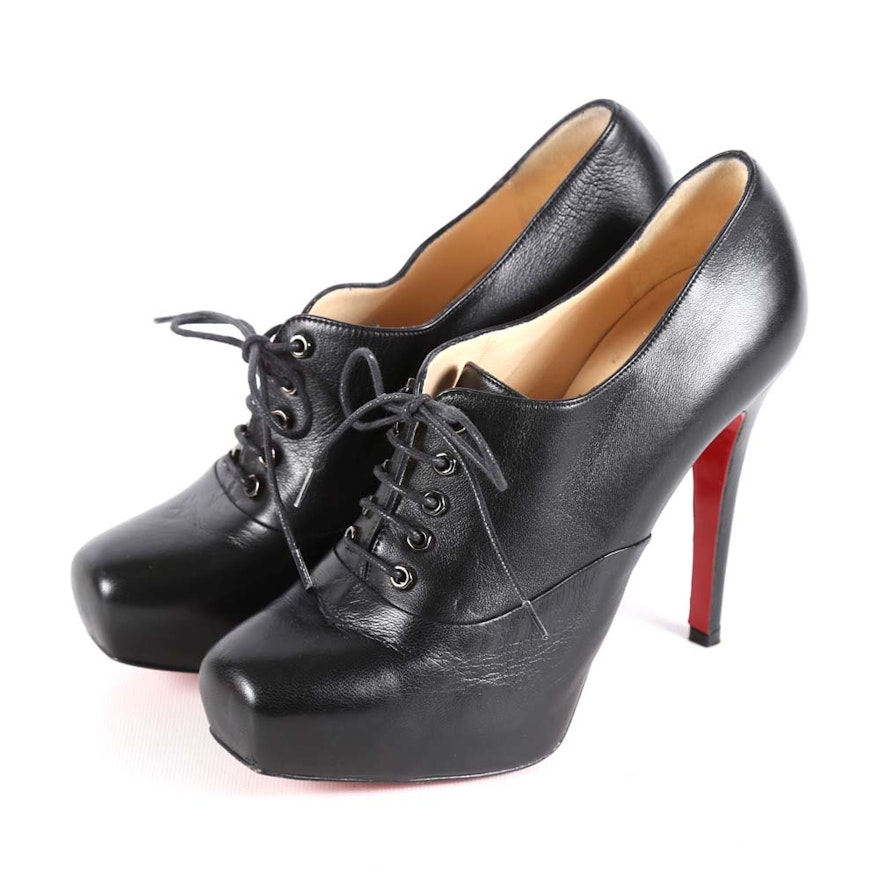 Christian Louboutin of Paris Black Leather Lace-Up Platform High Heels