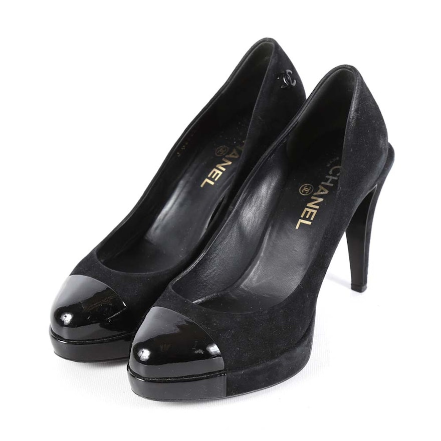 Chanel Black Suede and Patent Leather High Heeled Pumps