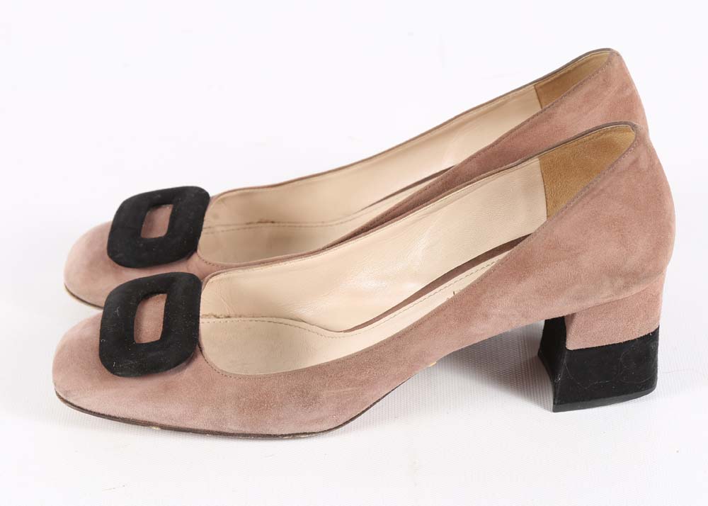 Prada Two-Tone Suede Block Heel Pumps