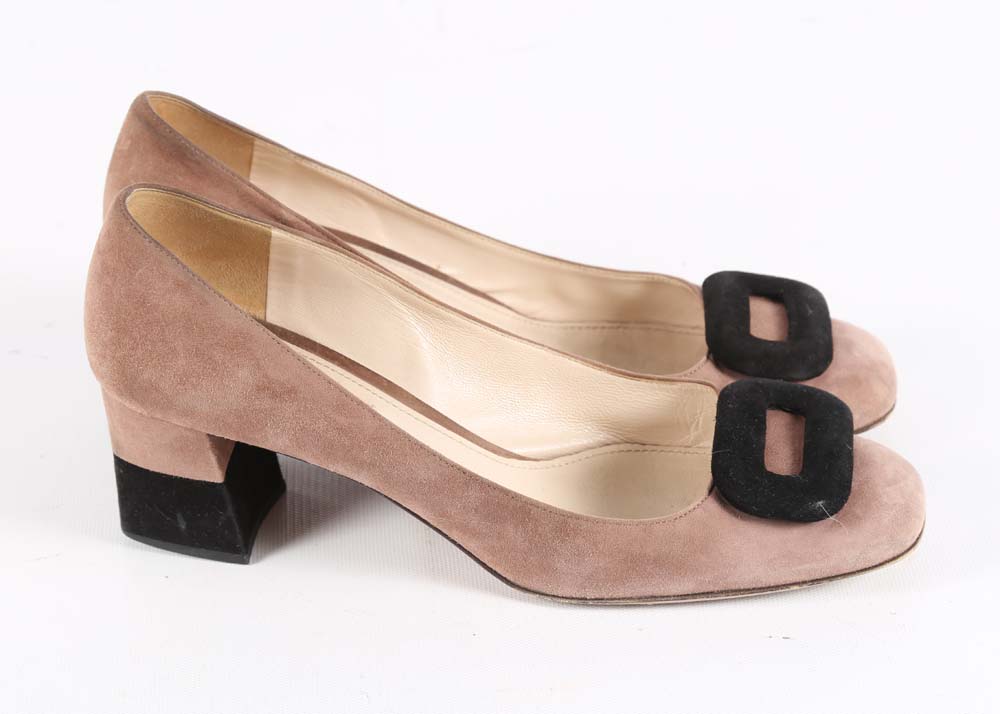 Prada Two-Tone Suede Block Heel Pumps