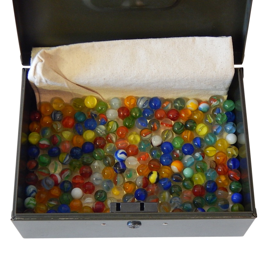 Around 200 Vintage Glass Marbles in Steel Box