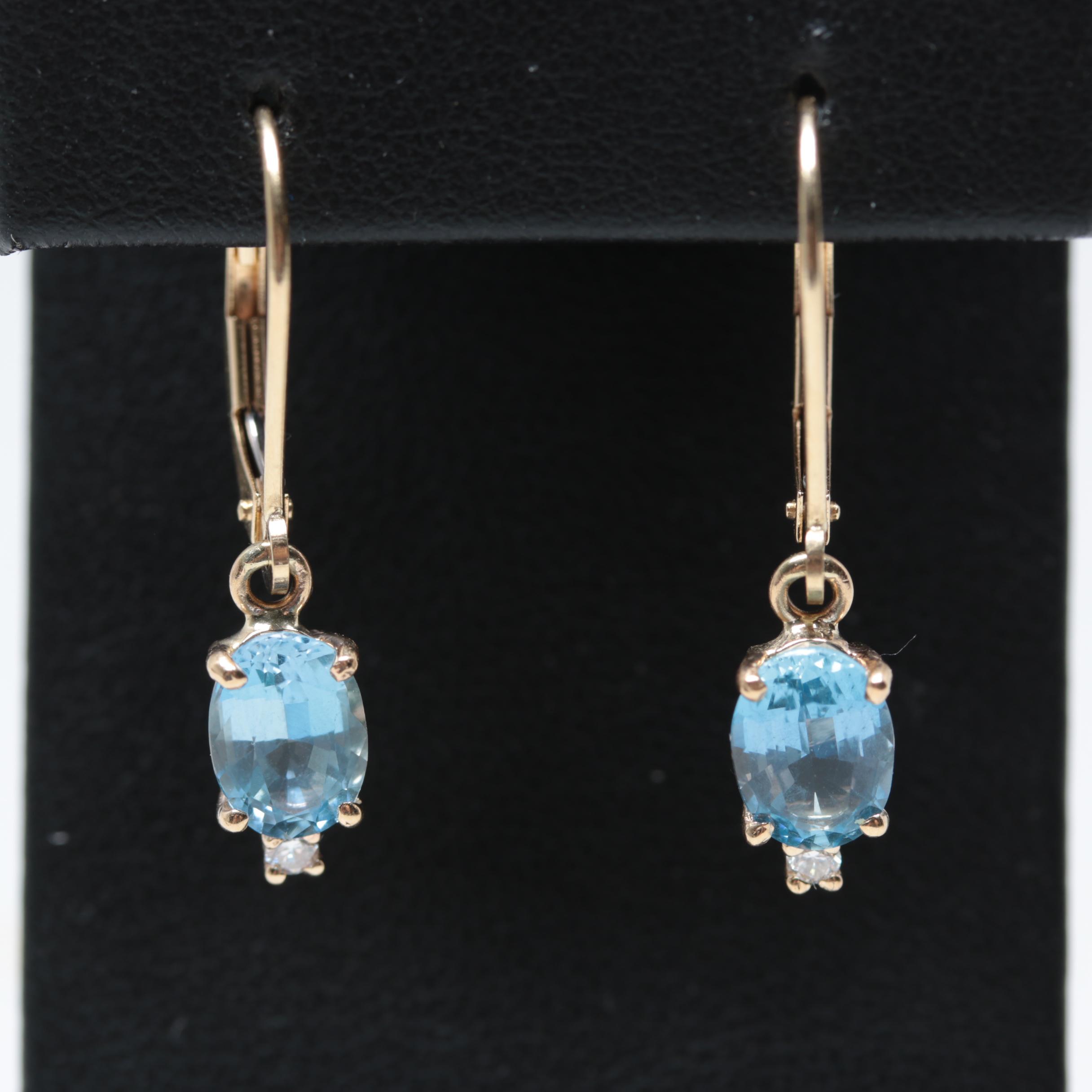 14K Yellow Gold Aquamarine and Diamond Dangle Leverback Earrings