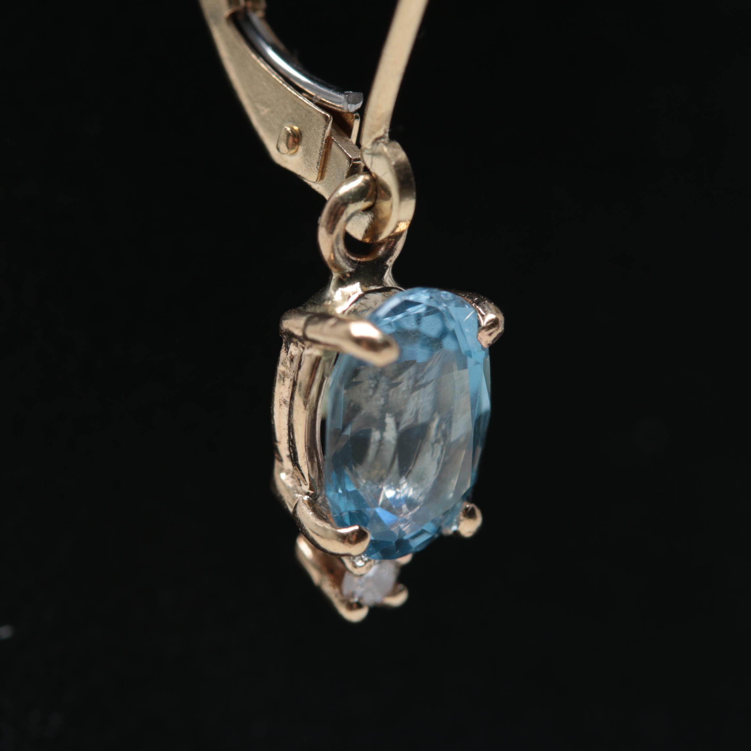 14K Yellow Gold Aquamarine and Diamond Dangle Leverback Earrings