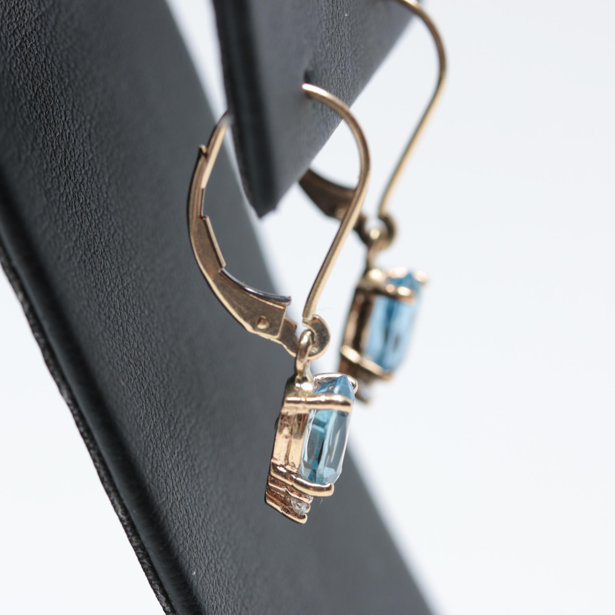 14K Yellow Gold Aquamarine and Diamond Dangle Leverback Earrings