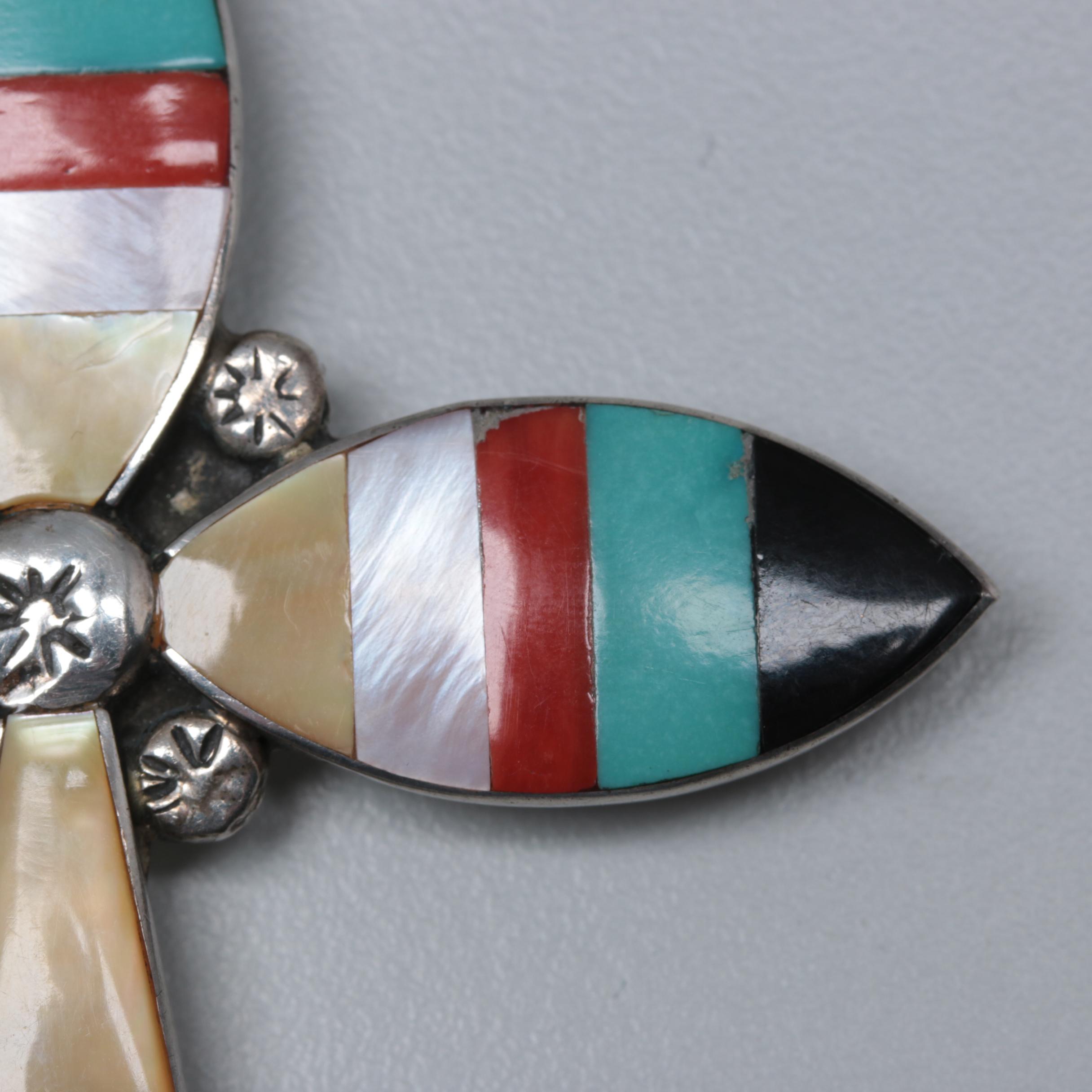 J. Ohmsattie Zuni Sterling Silver Mother of Pearl, Coral and Turquoise Pendant
