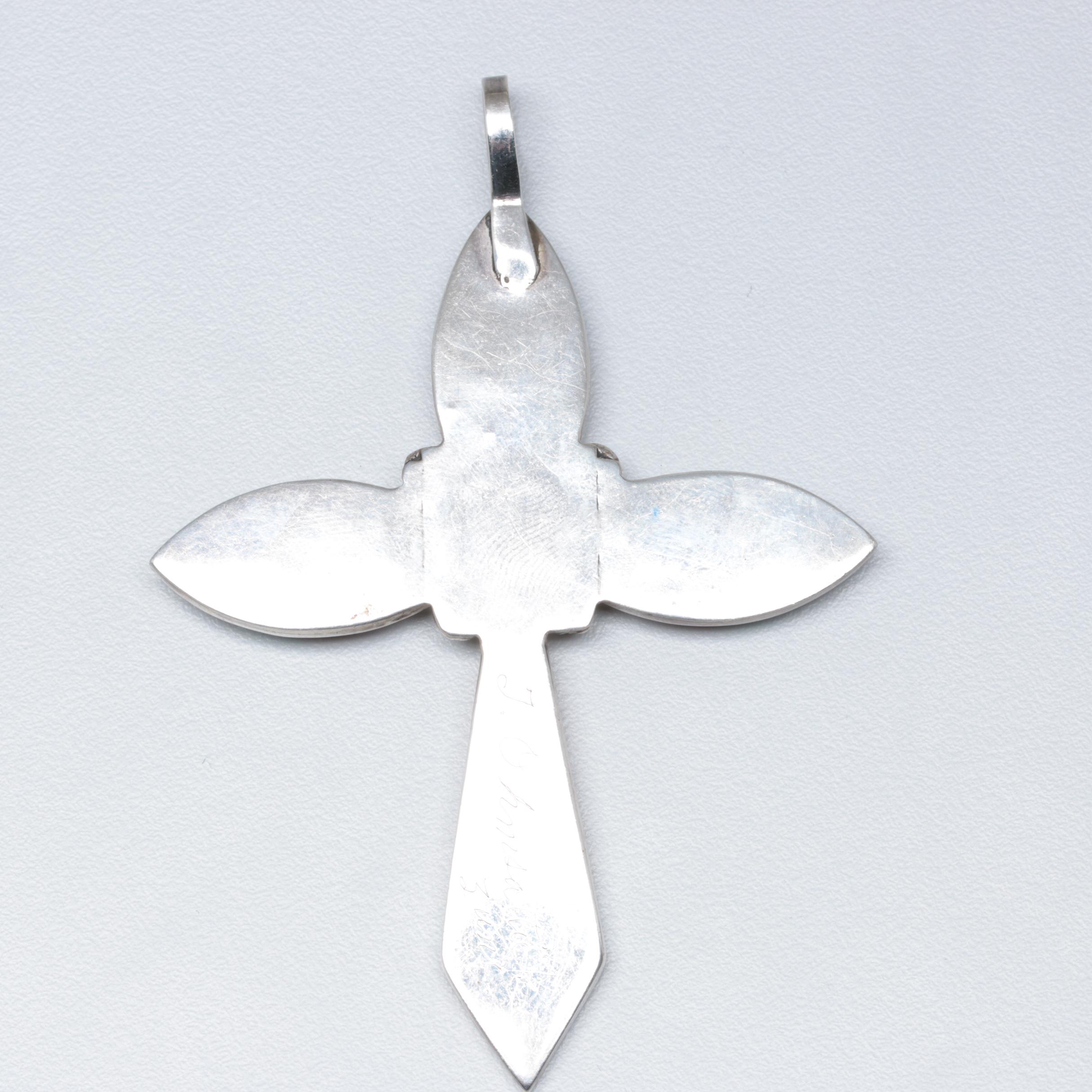 J. Ohmsattie Zuni Sterling Silver Mother of Pearl, Coral and Turquoise Pendant