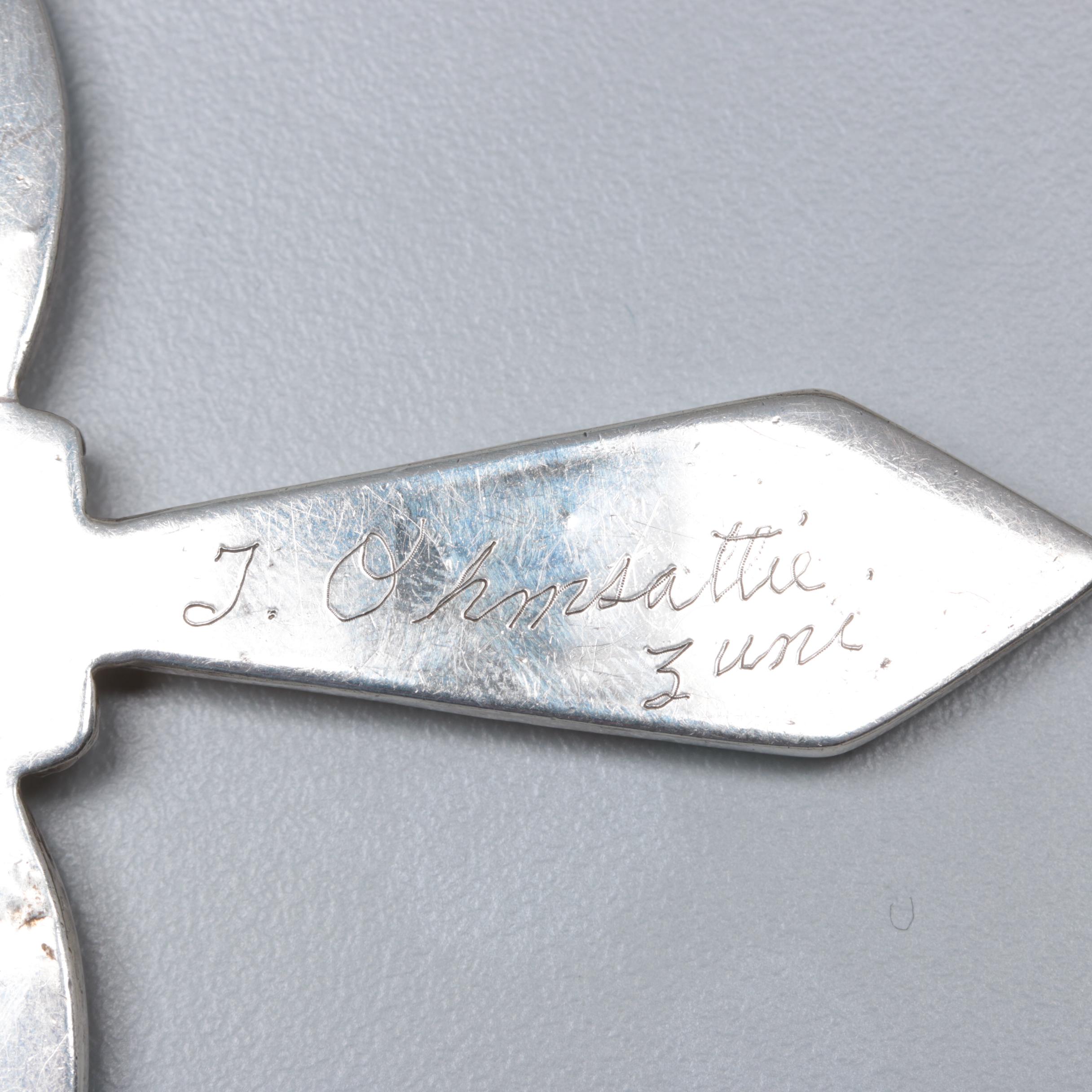 J. Ohmsattie Zuni Sterling Silver Mother of Pearl, Coral and Turquoise Pendant