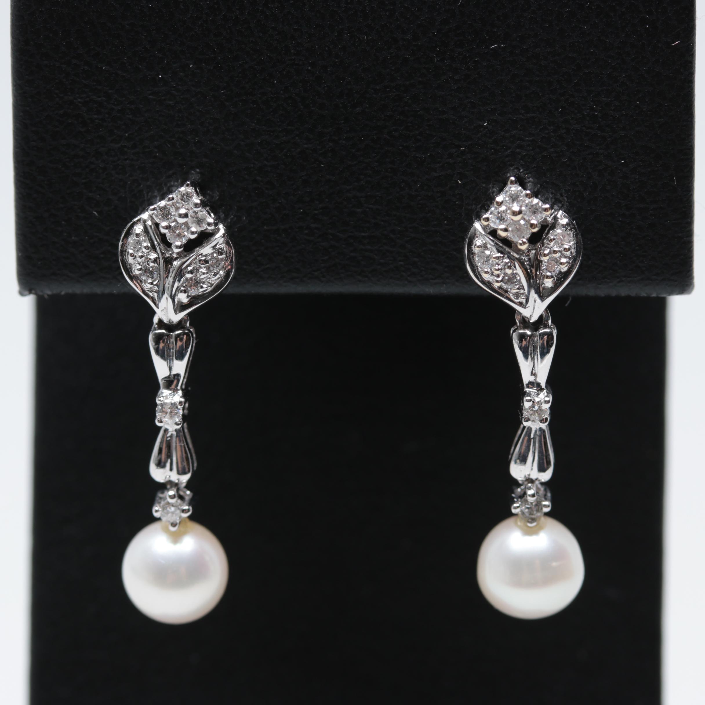 18K White Gold Cultured Pearl and Diamond Drop Earrings