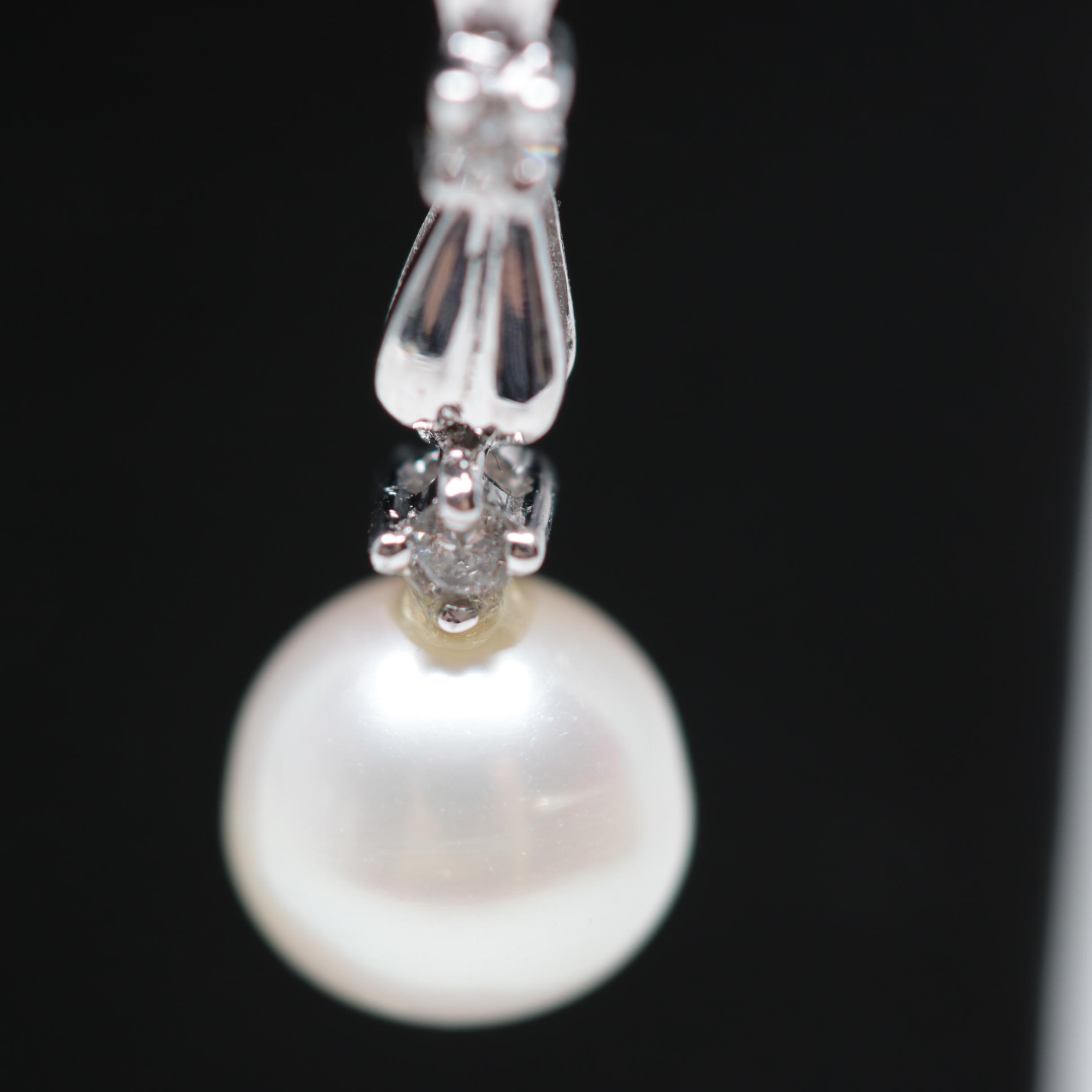 18K White Gold Cultured Pearl and Diamond Drop Earrings