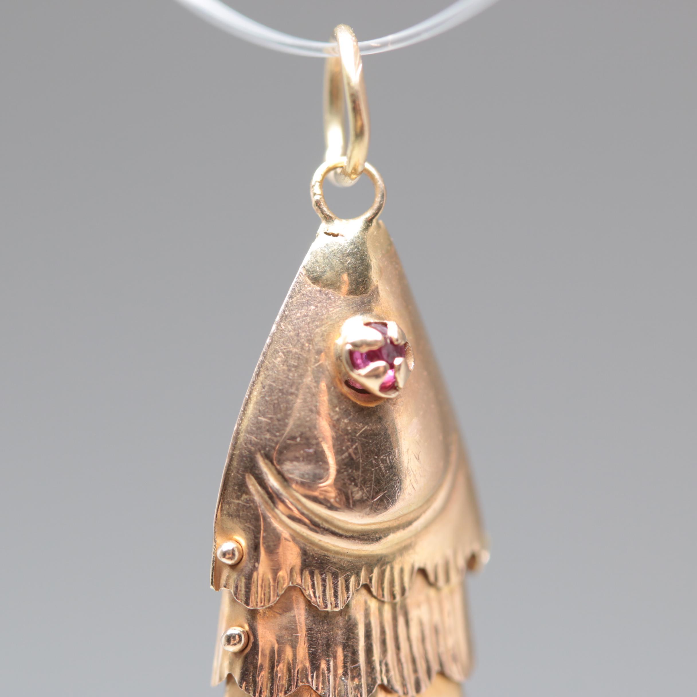 14K Yellow Gold Ruby Articulated Fish Charm