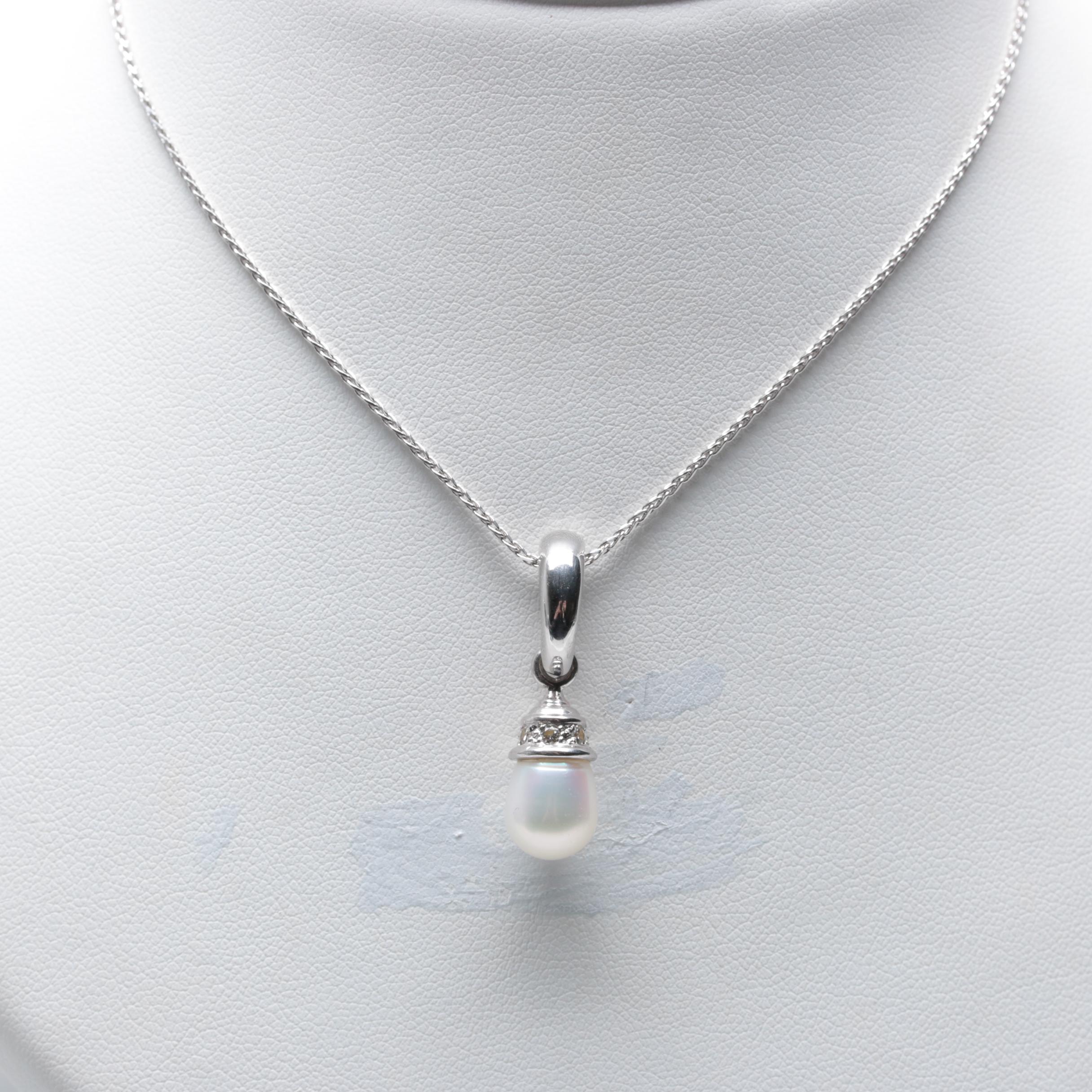 18K White Gold Cultured Pearl and Diamond Pendant on 14K Chain