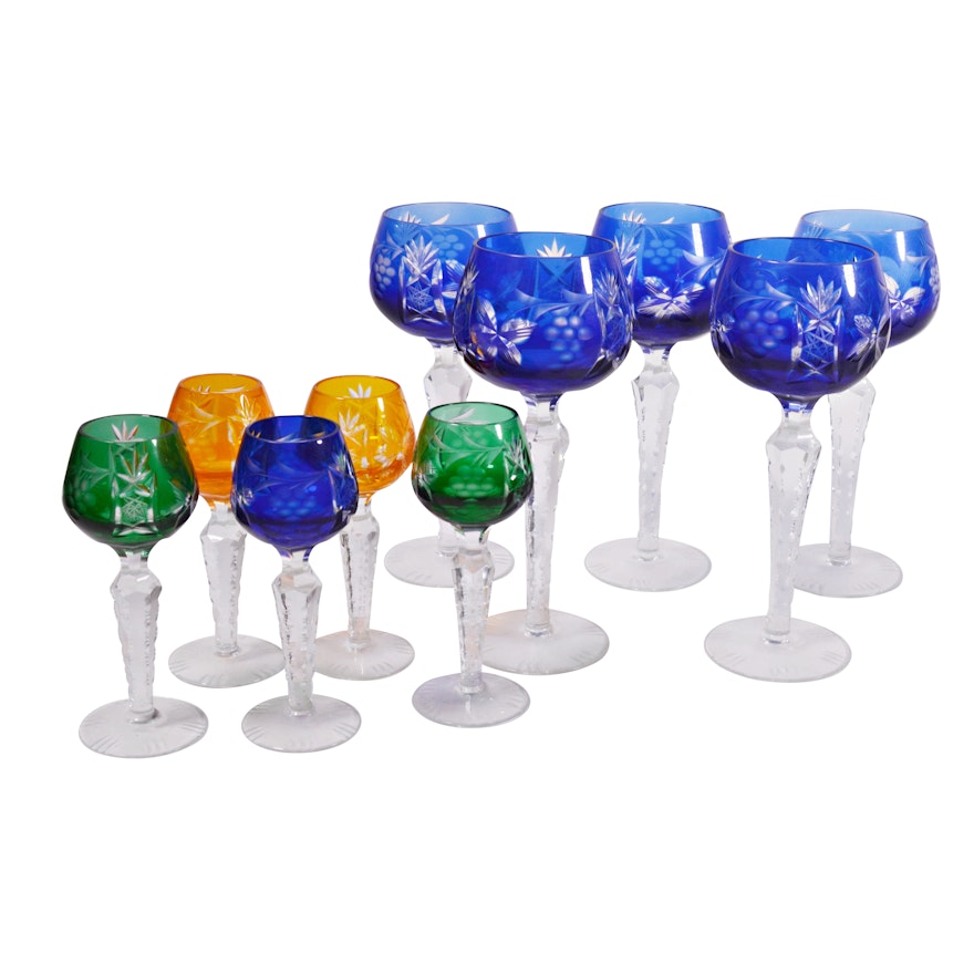 Lausitzer Cobalt Cut-to-Clear Crystal Hock Wine Glasses and Colored Cordials