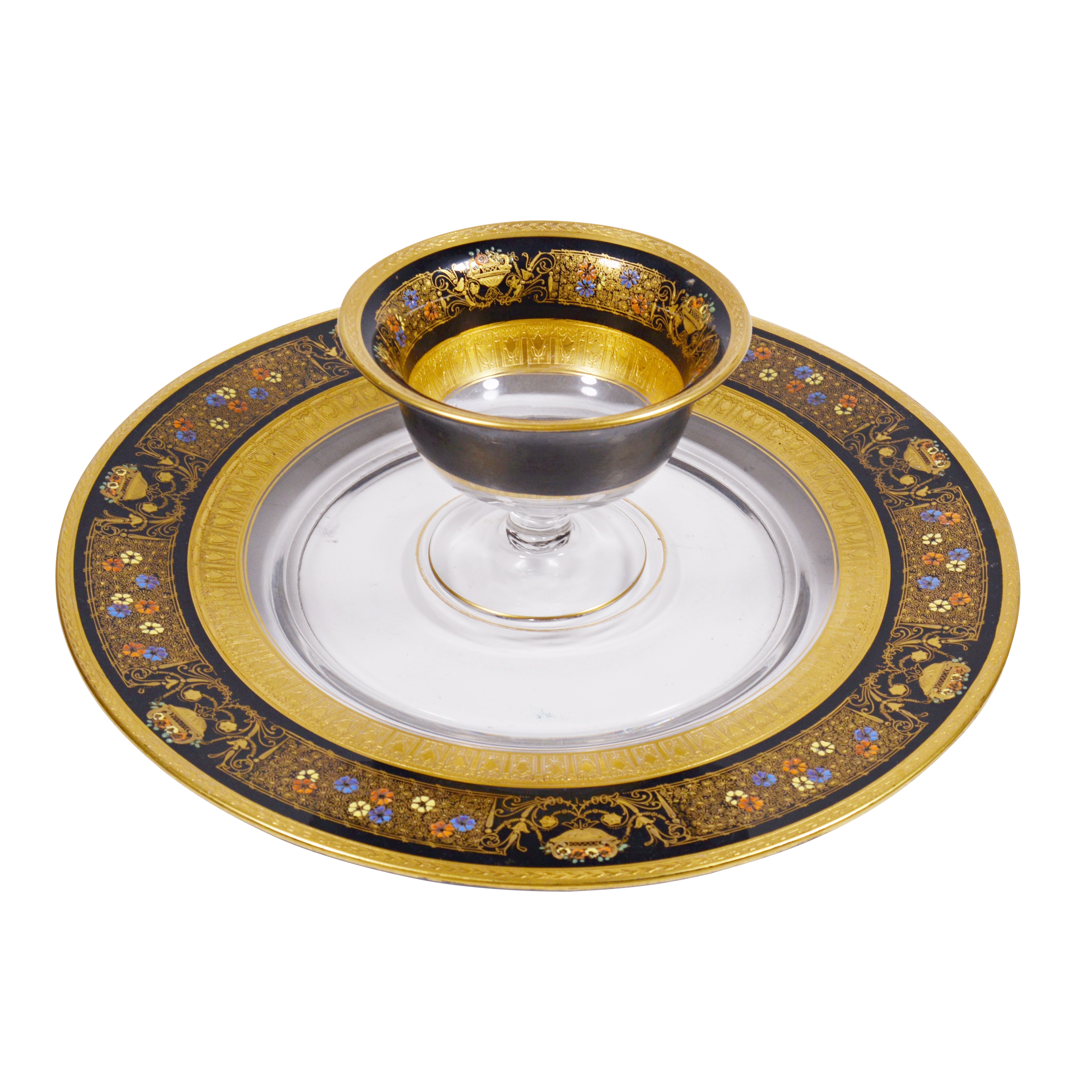 Hand-Painted Glass and Enameled Platter and Bowl