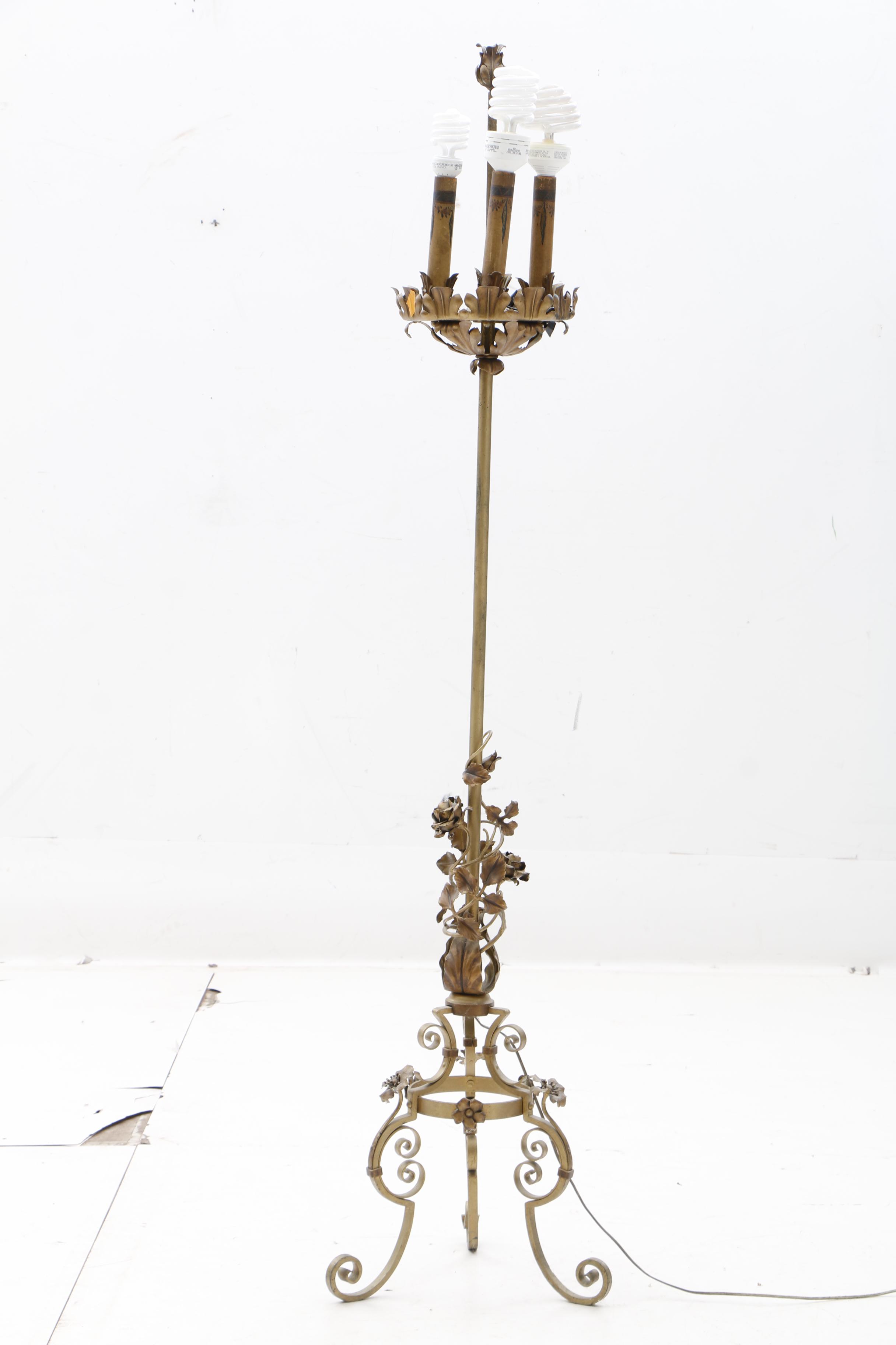 Gilt Metal Flower and Vine Candelabra Floor Lamp
