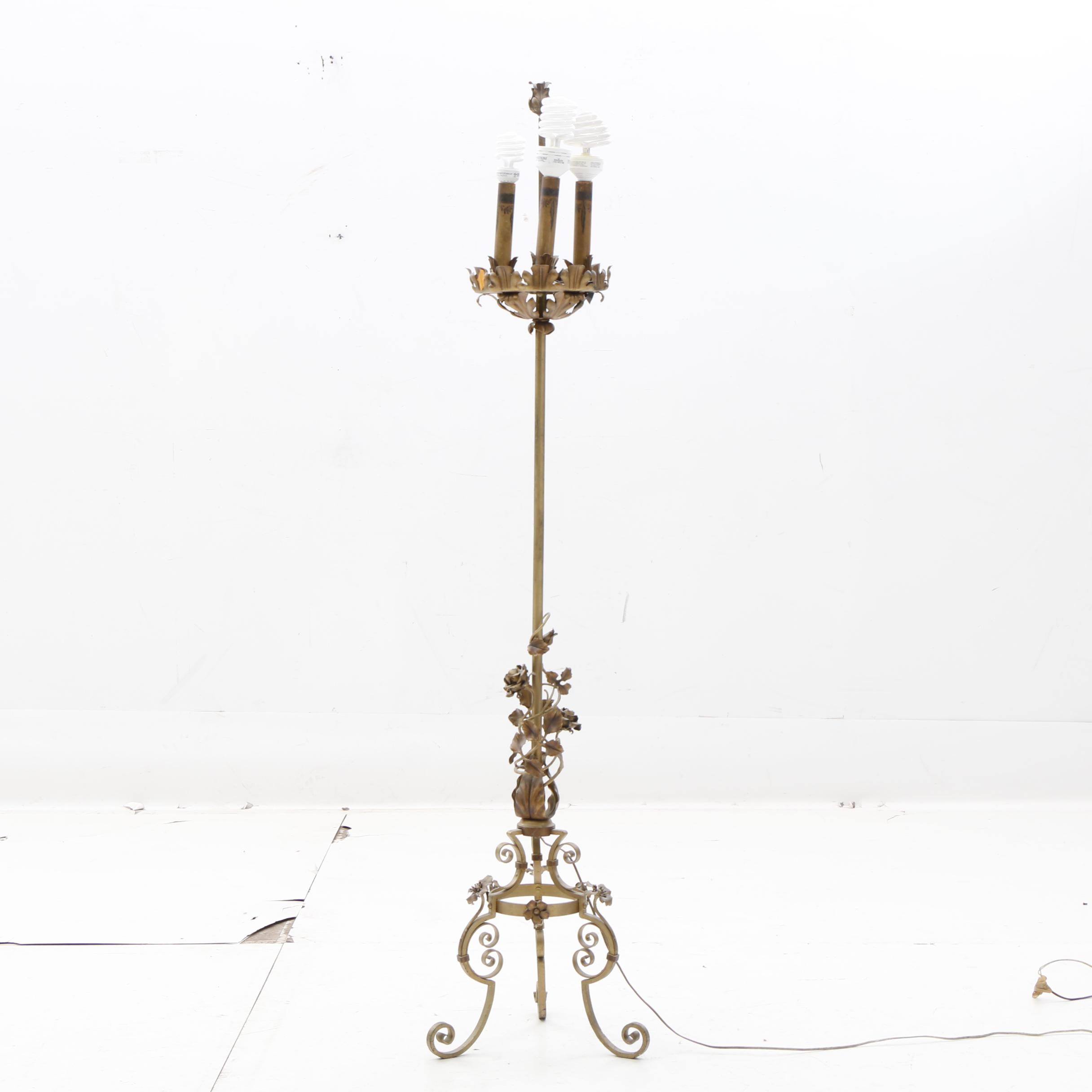 Gilt Metal Flower and Vine Candelabra Floor Lamp