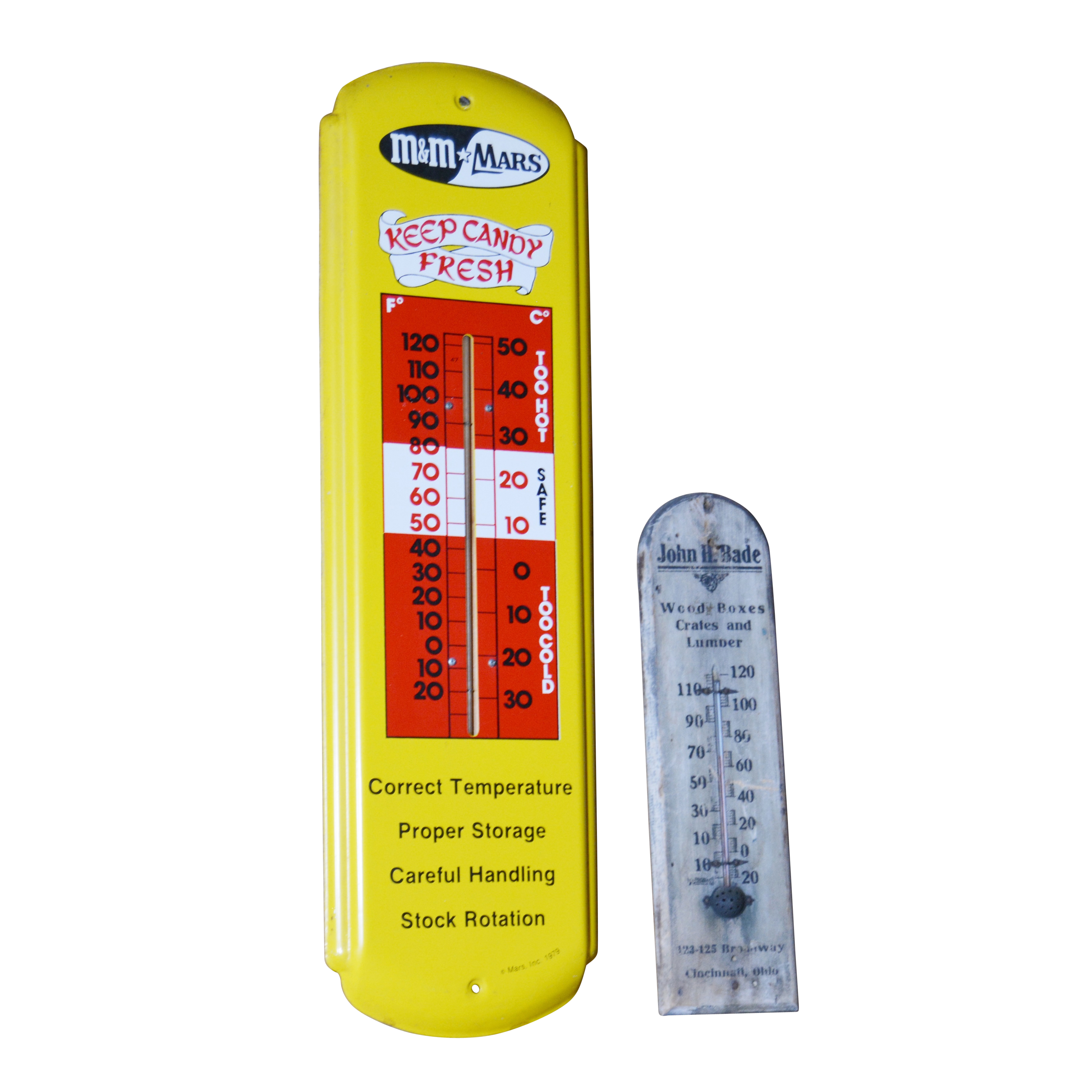 M&M Mars and John H. Bade Metal Wall Thermometers