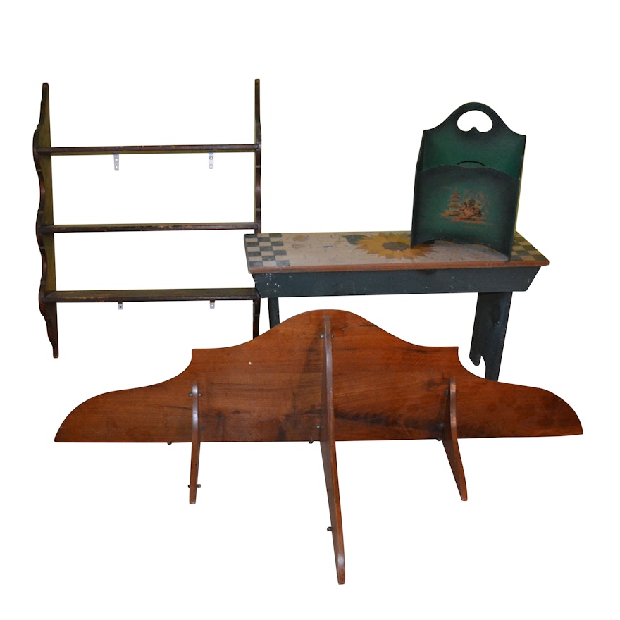Painted Wooden Bench, Magazine Rack, Wooden Shelves, 20th Century