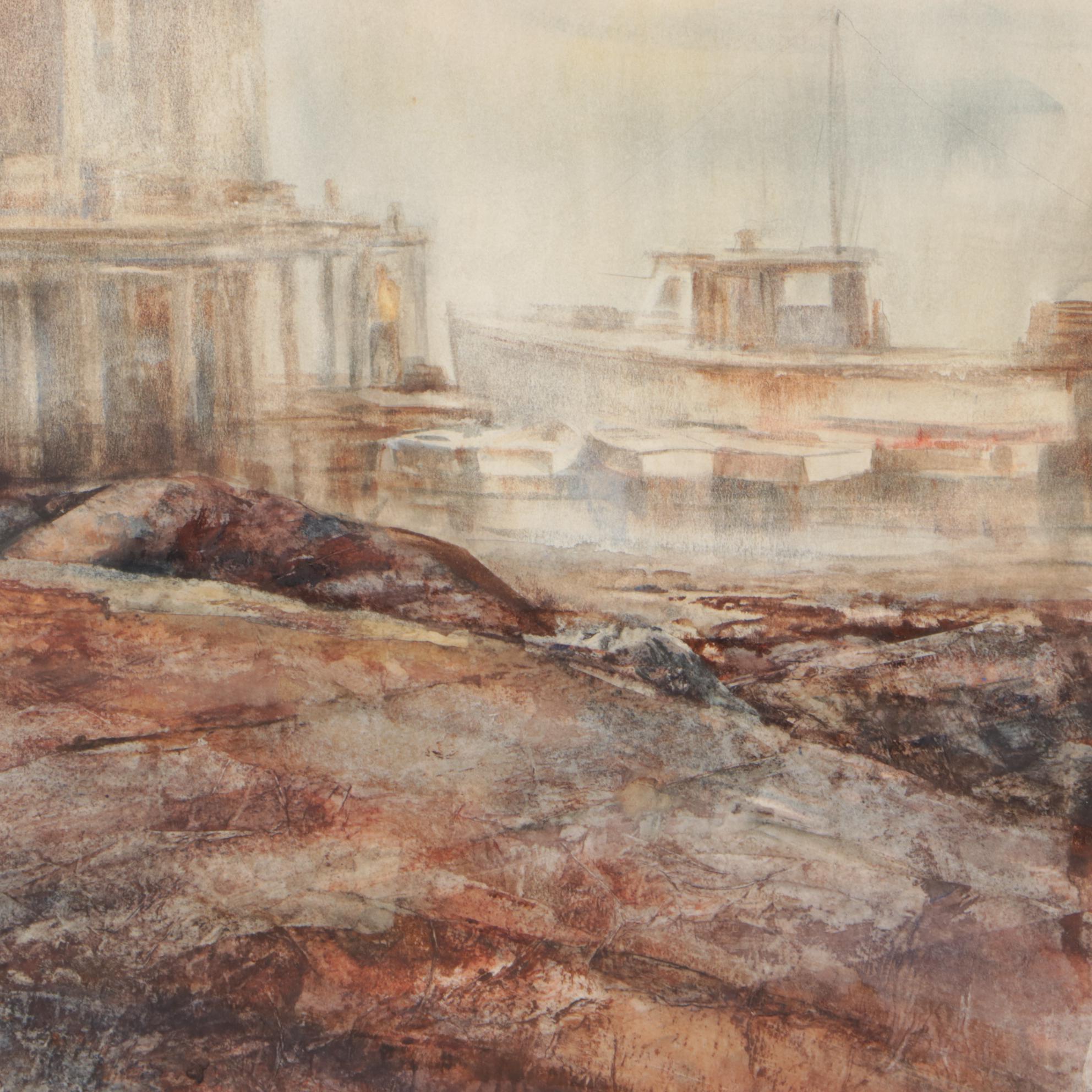 P. Marra Watercolor Painting of Harbor Scene