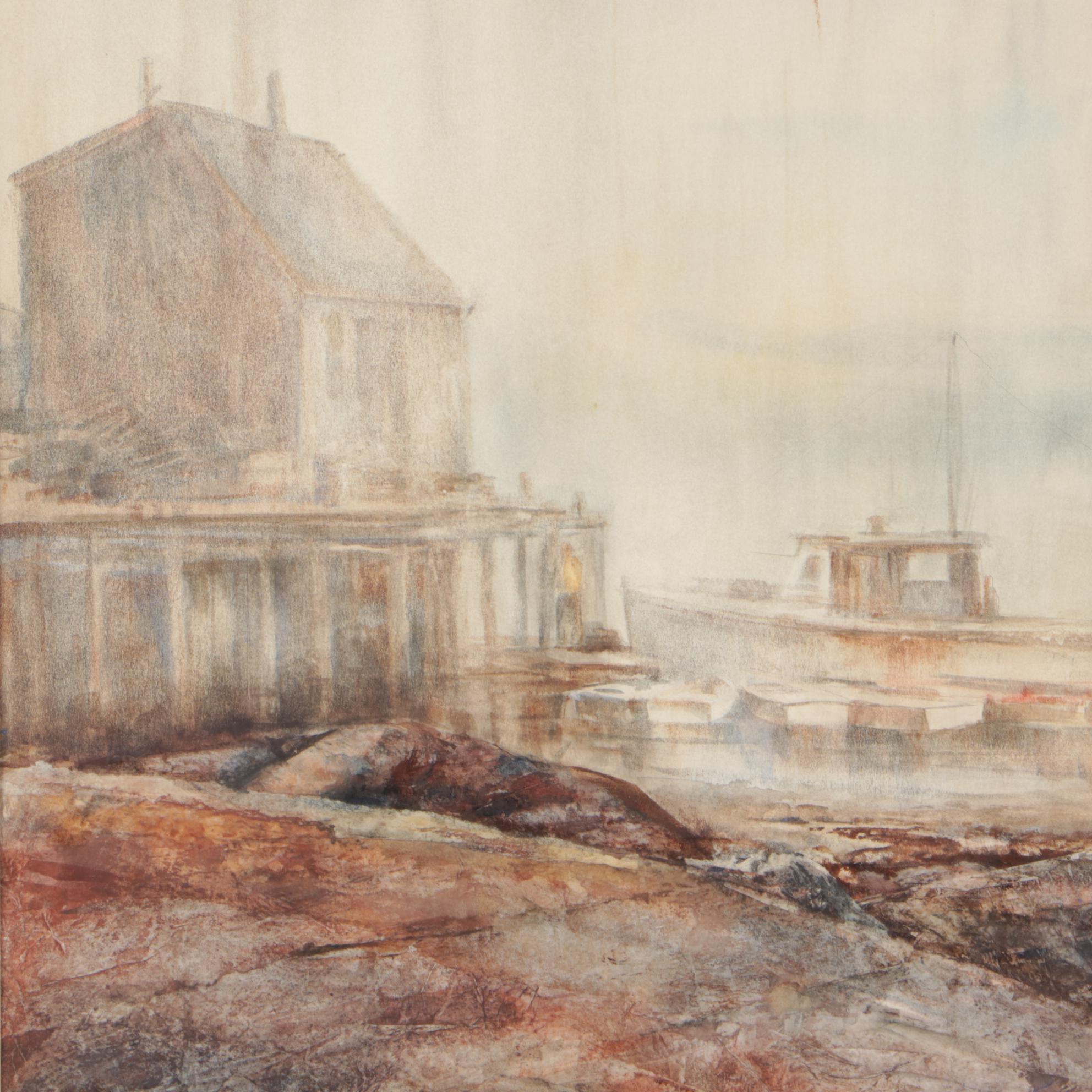 P. Marra Watercolor Painting of Harbor Scene