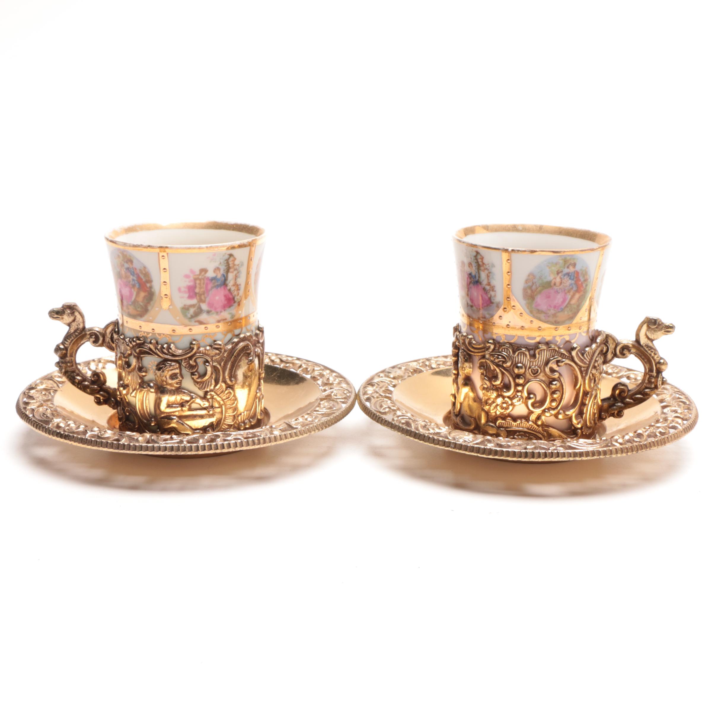 French Limoges and Arnart Demitasse Cups in Ornamental Cup Holders