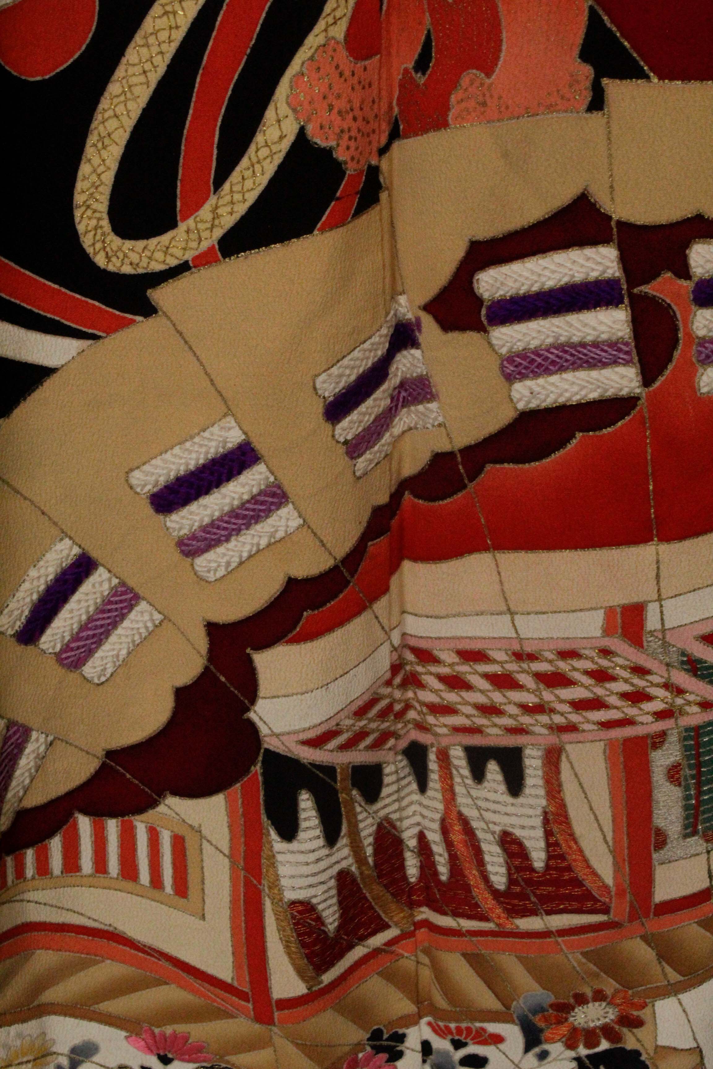 Circa 1915 Antique Handwoven Silk Crepe Formal Crested Furisode Kimono