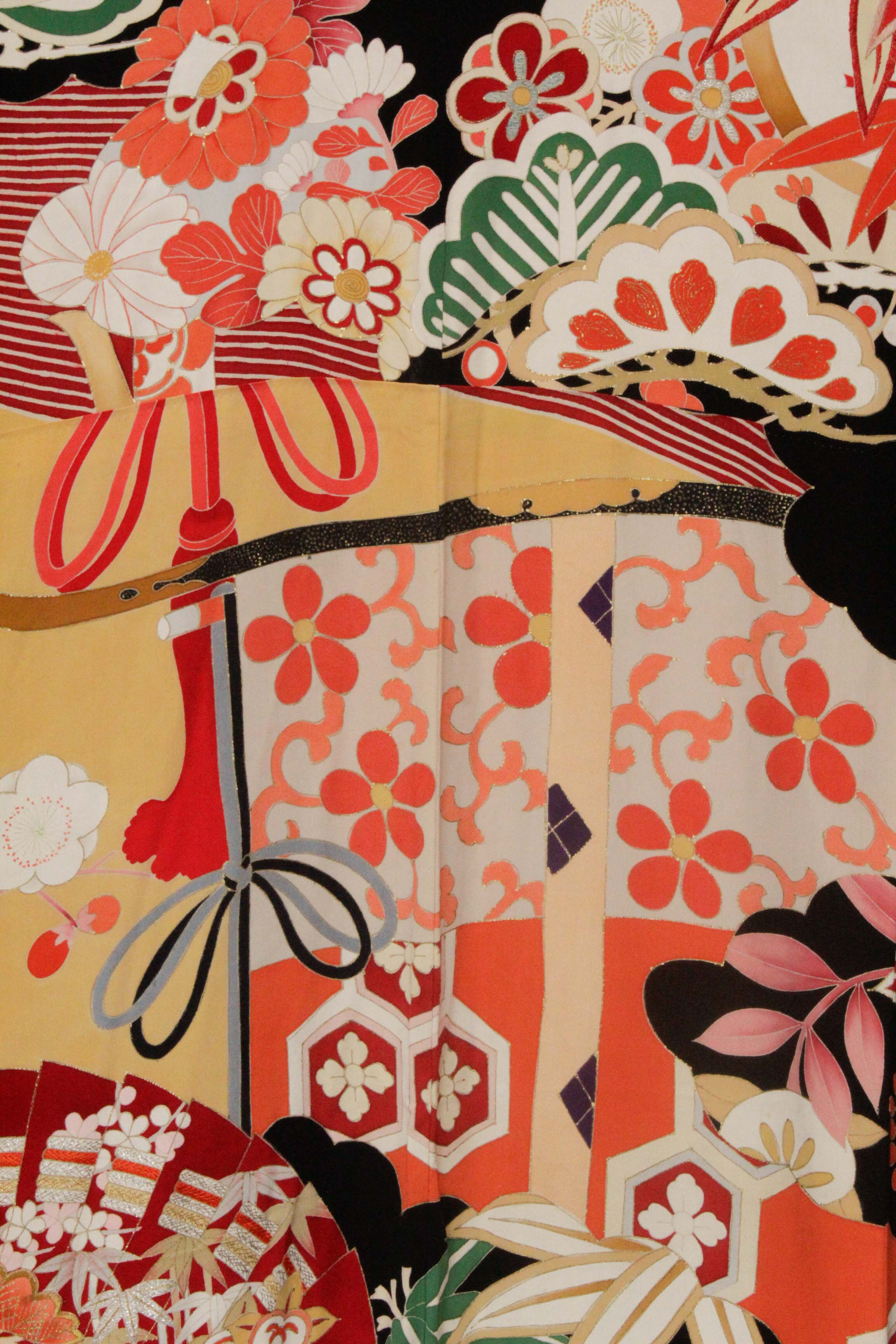 Circa 1915 Antique Handwoven Silk Crepe Formal Crested Furisode Kimono